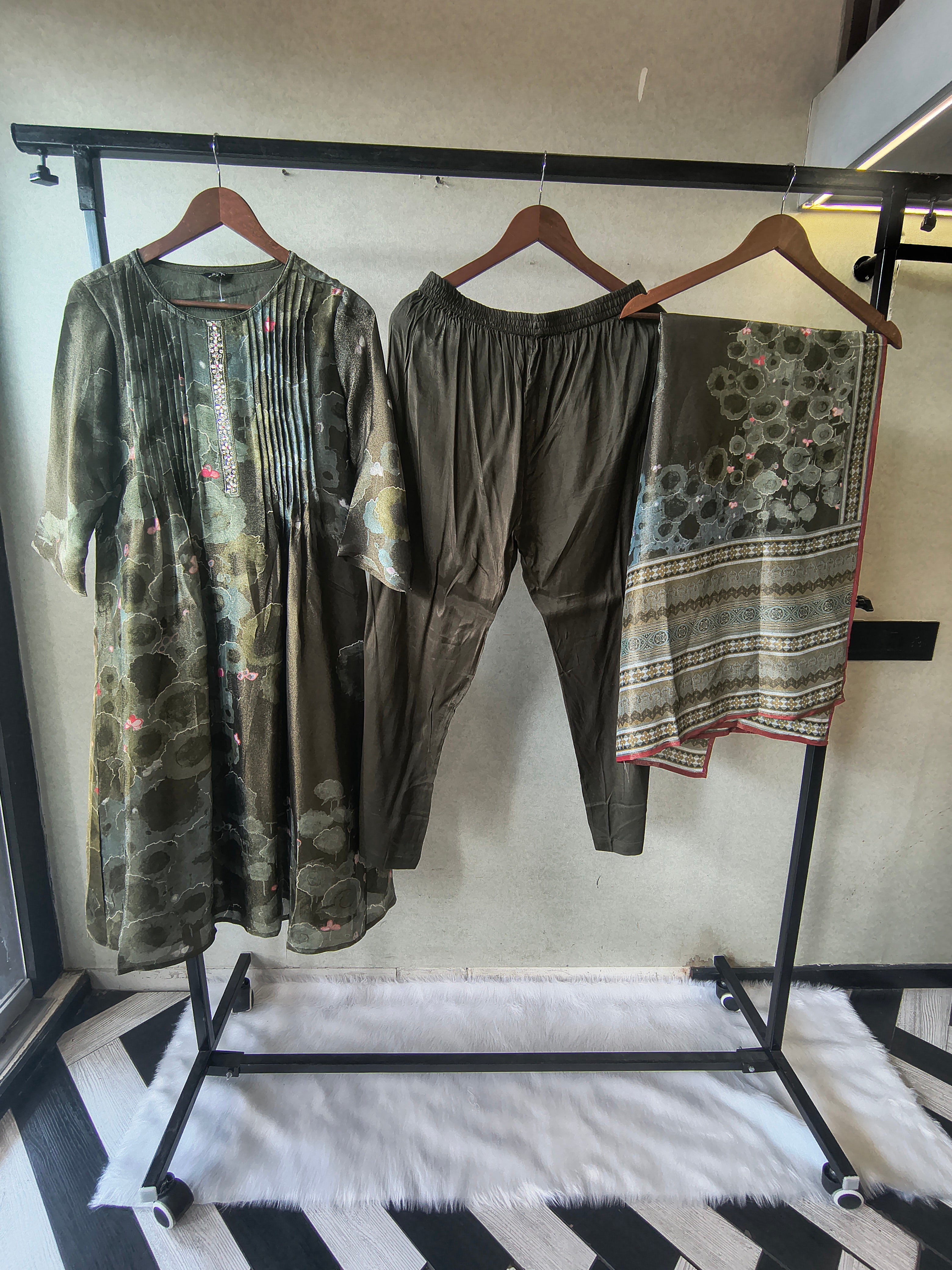 Image of Premium Olive Green Abstract Printed A-Line Kurta Set with Dupatta