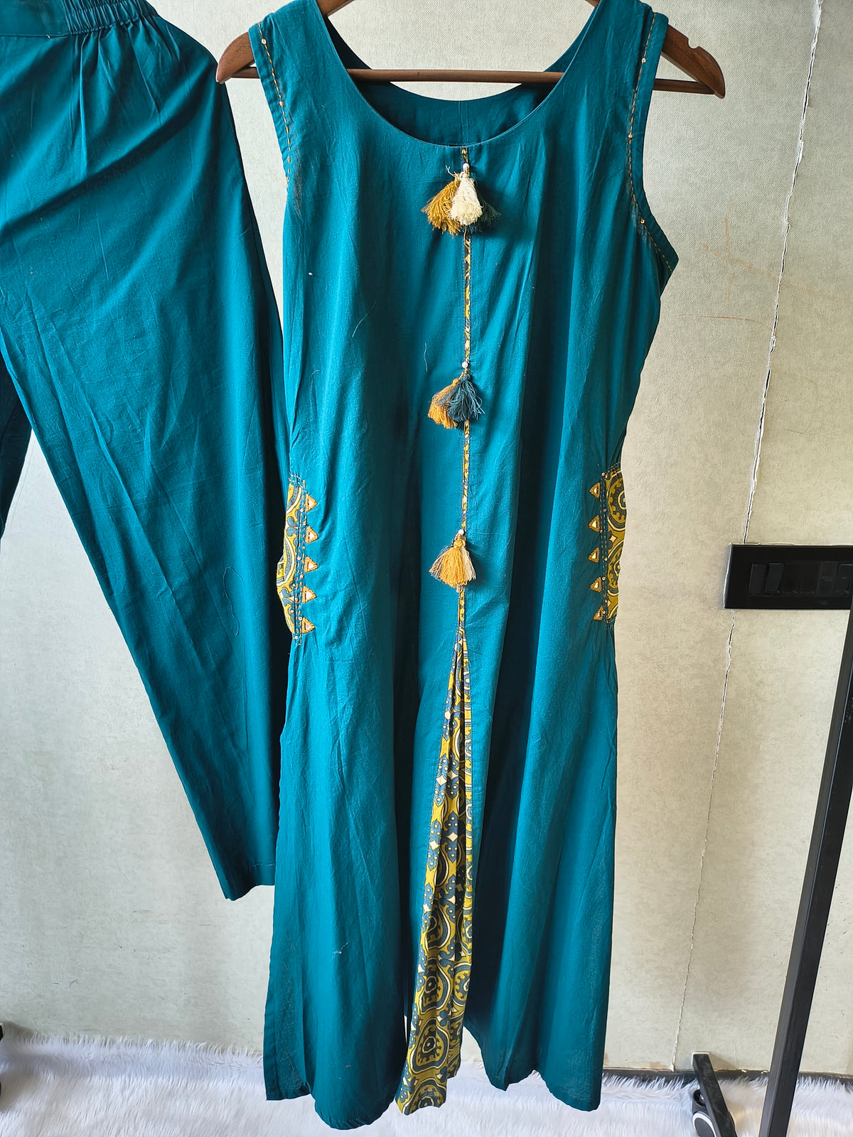 Teal Sleeveless A-Line Kurta Set with Printed Panel & Straight Pants