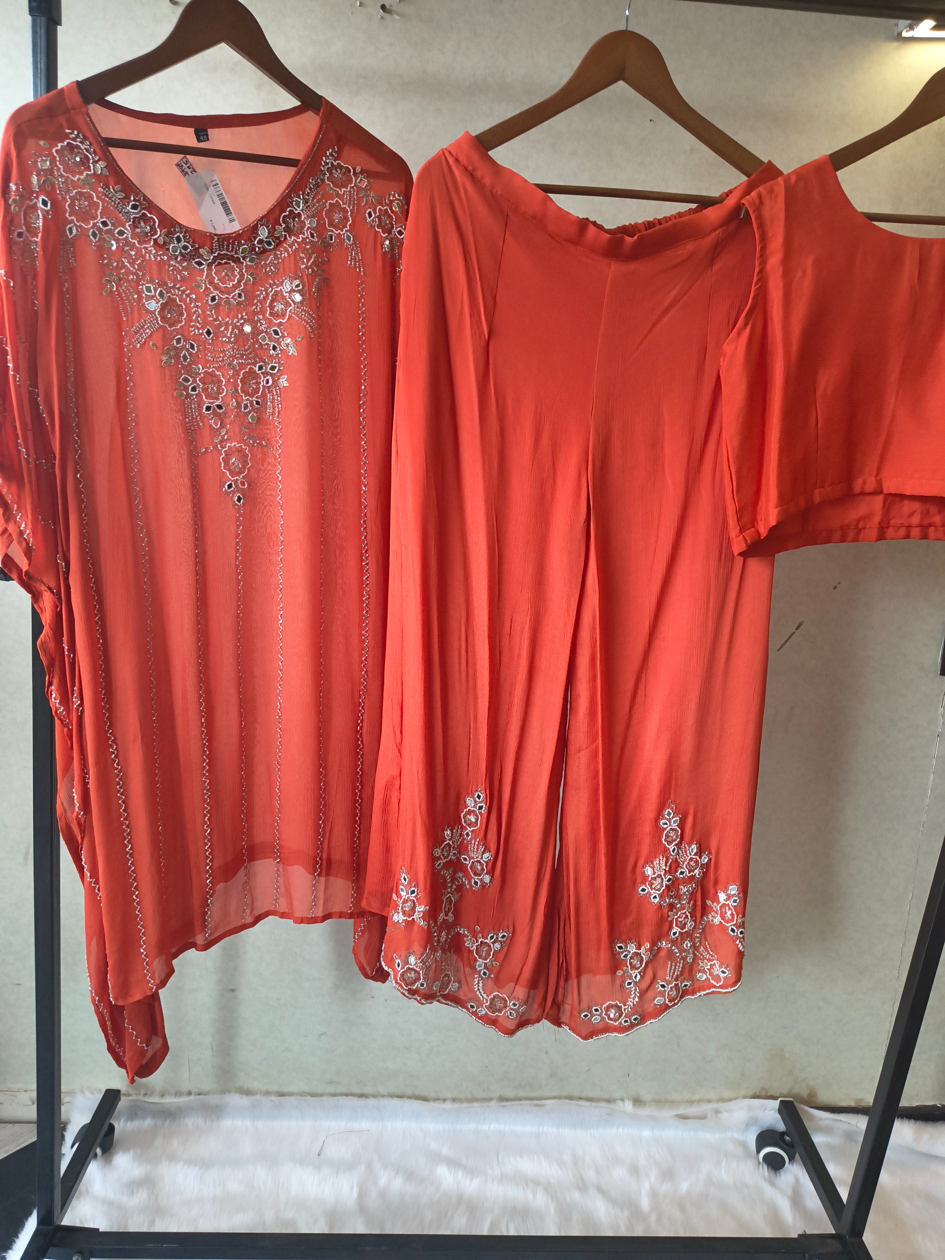Image of Rust Orange Embroidered Kaftan Co-Ord Set with Palazzo & Blouse – Designer 3 Piece Indo-Western Fusion Wear