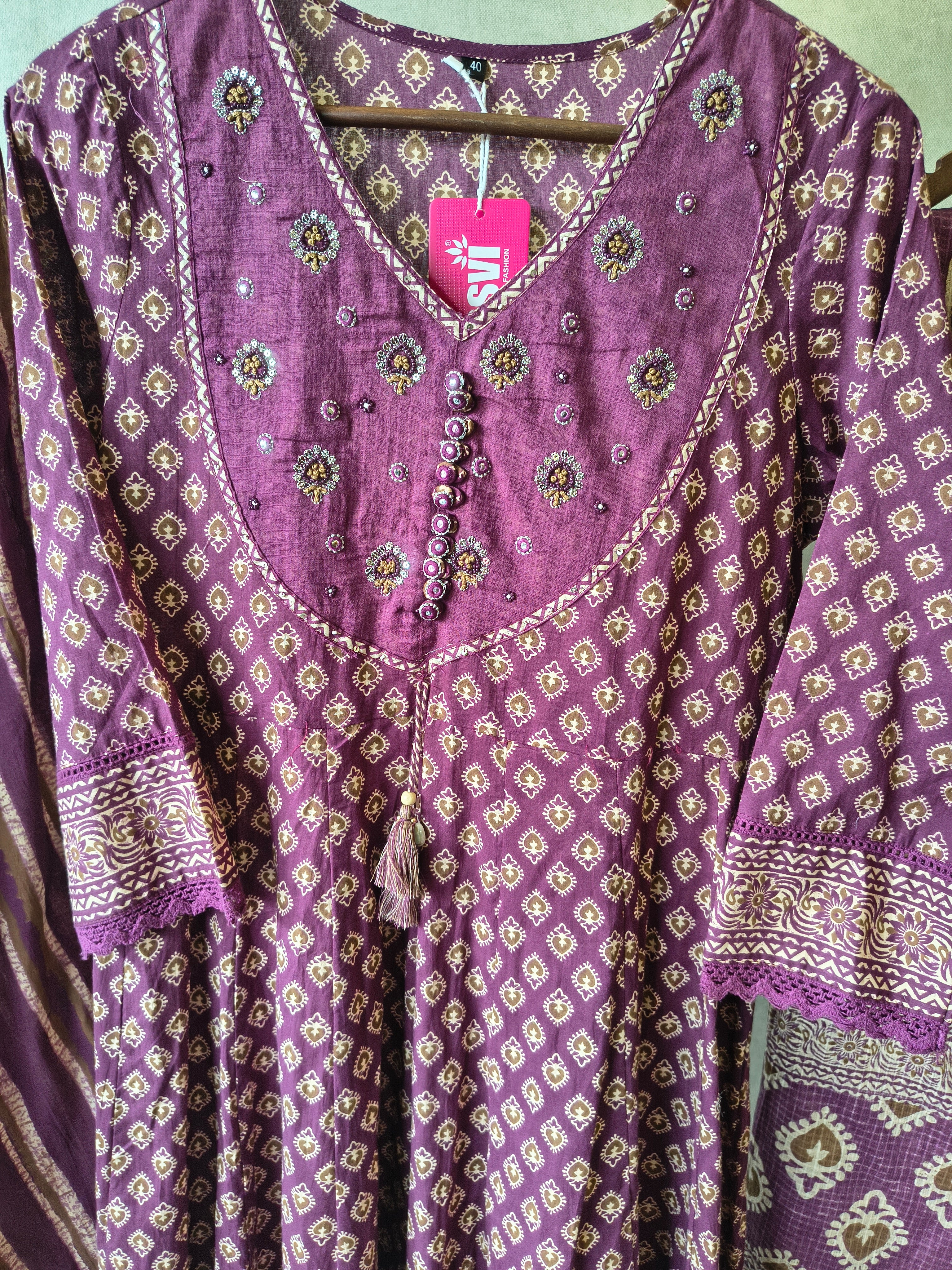 Image of Plum Printed Cotton Anarkali Suit Set with Striped Pants & Dupatta