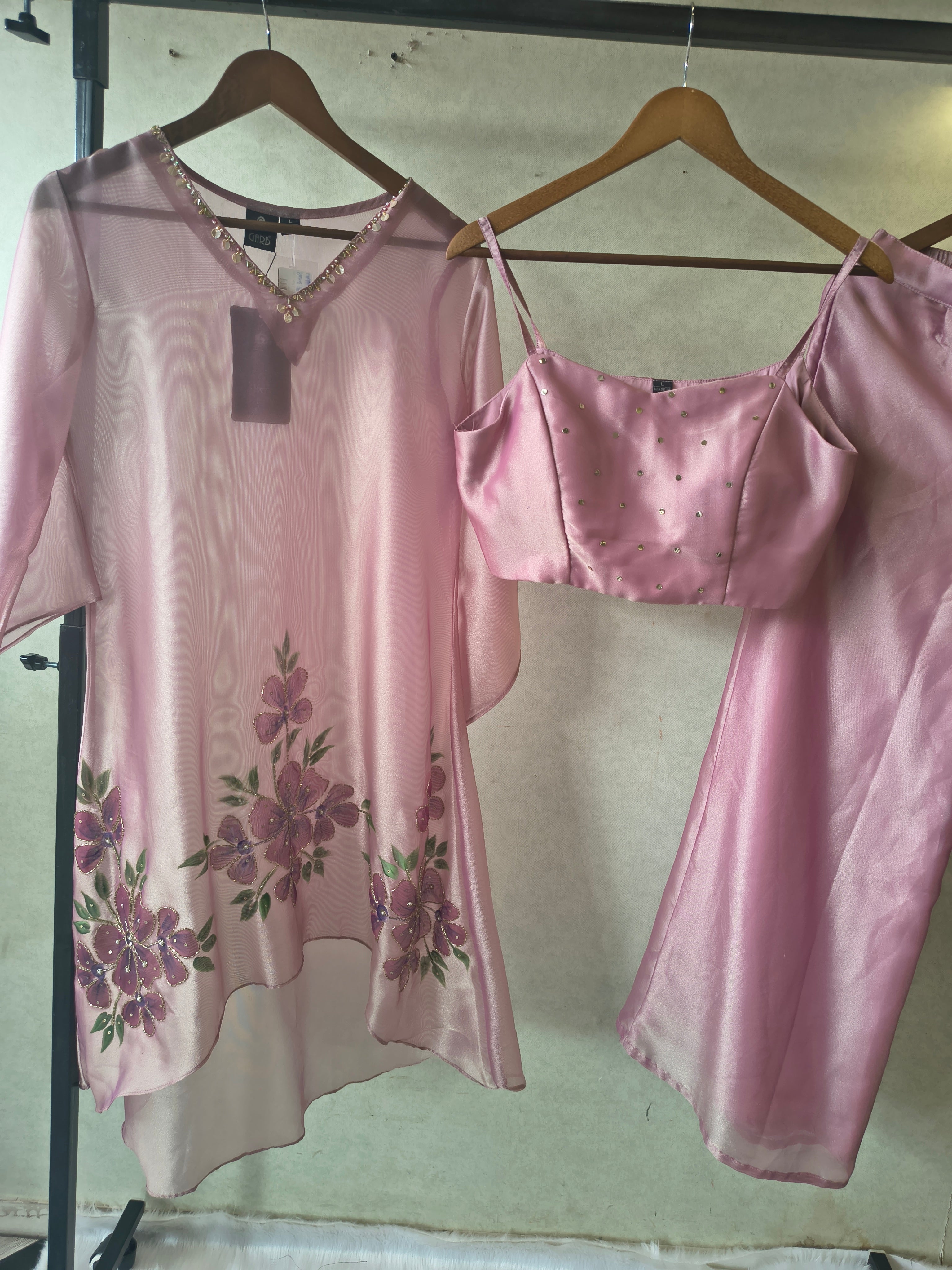Image of Blush Pink Floral Embroidered Kaftan Co-ord Set with Hand-Painted Cape, Embellished Blouse & Palazzo
