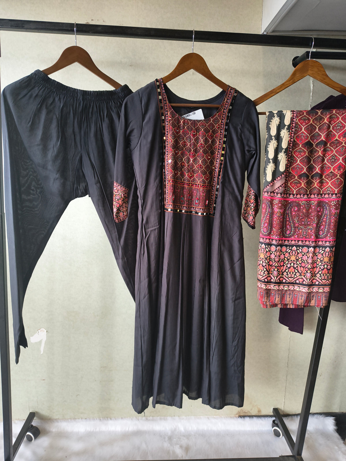 Premium Black Printed Anarkali Kurta Set with Ethnic Yoke, Solid Pants & Designer Dupatta