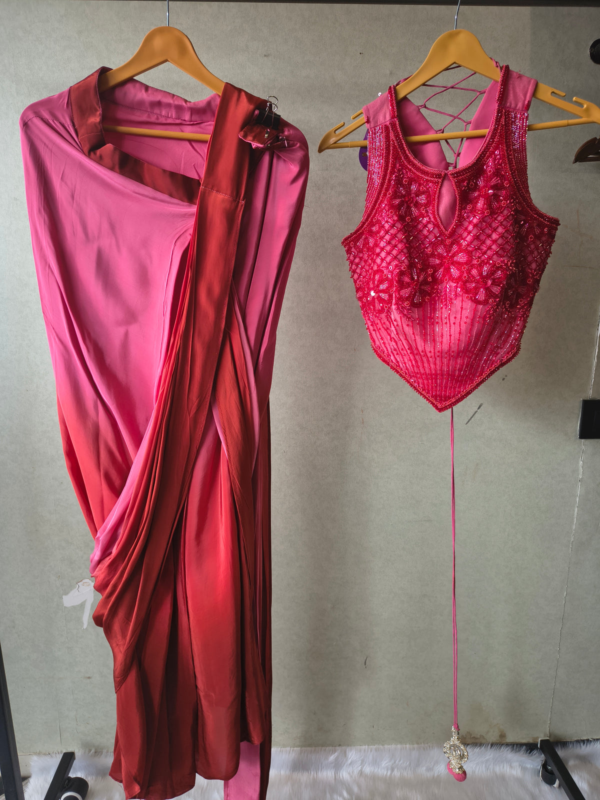 Premium Ombre Pink Pre-Draped Designer Saree with Heavy Hand Embroidered Corset Blouse