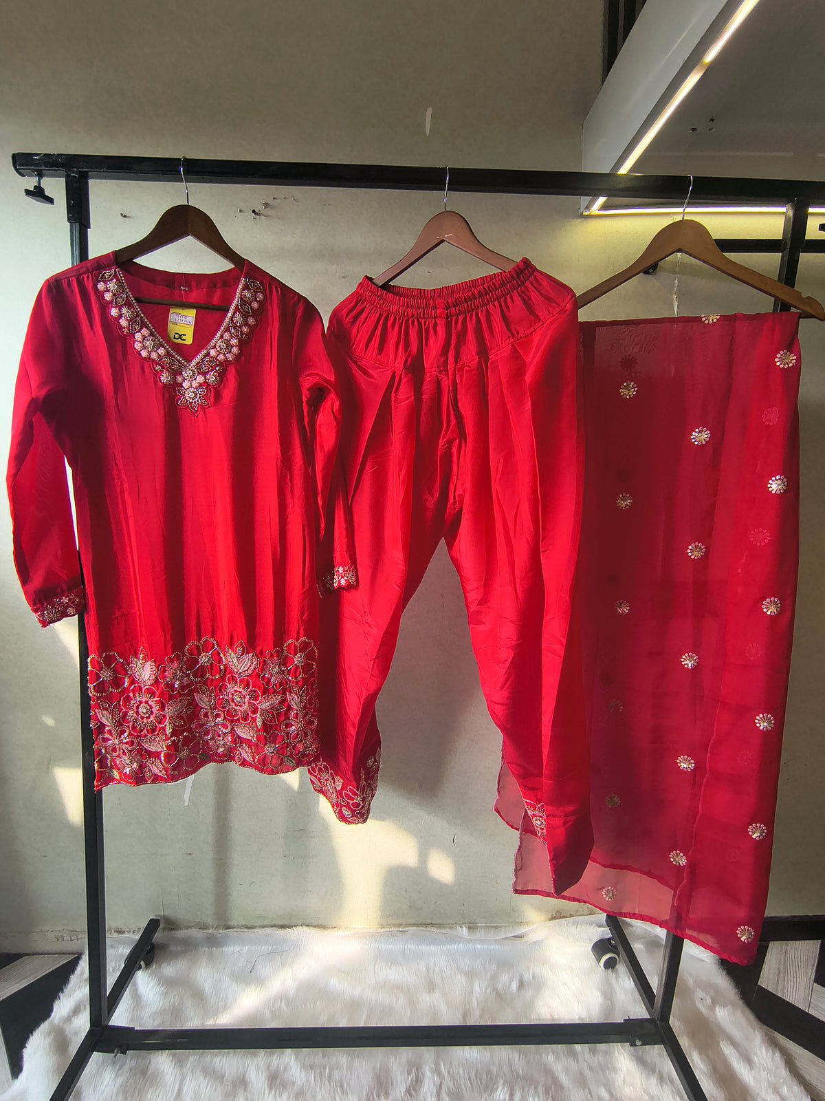 Ruby Red Embroidered Straight Kurta Set with Floral Thread Work, Designer Neckline & Embellished Dupatta – Premium 3 Piece Ethnic Ensemble