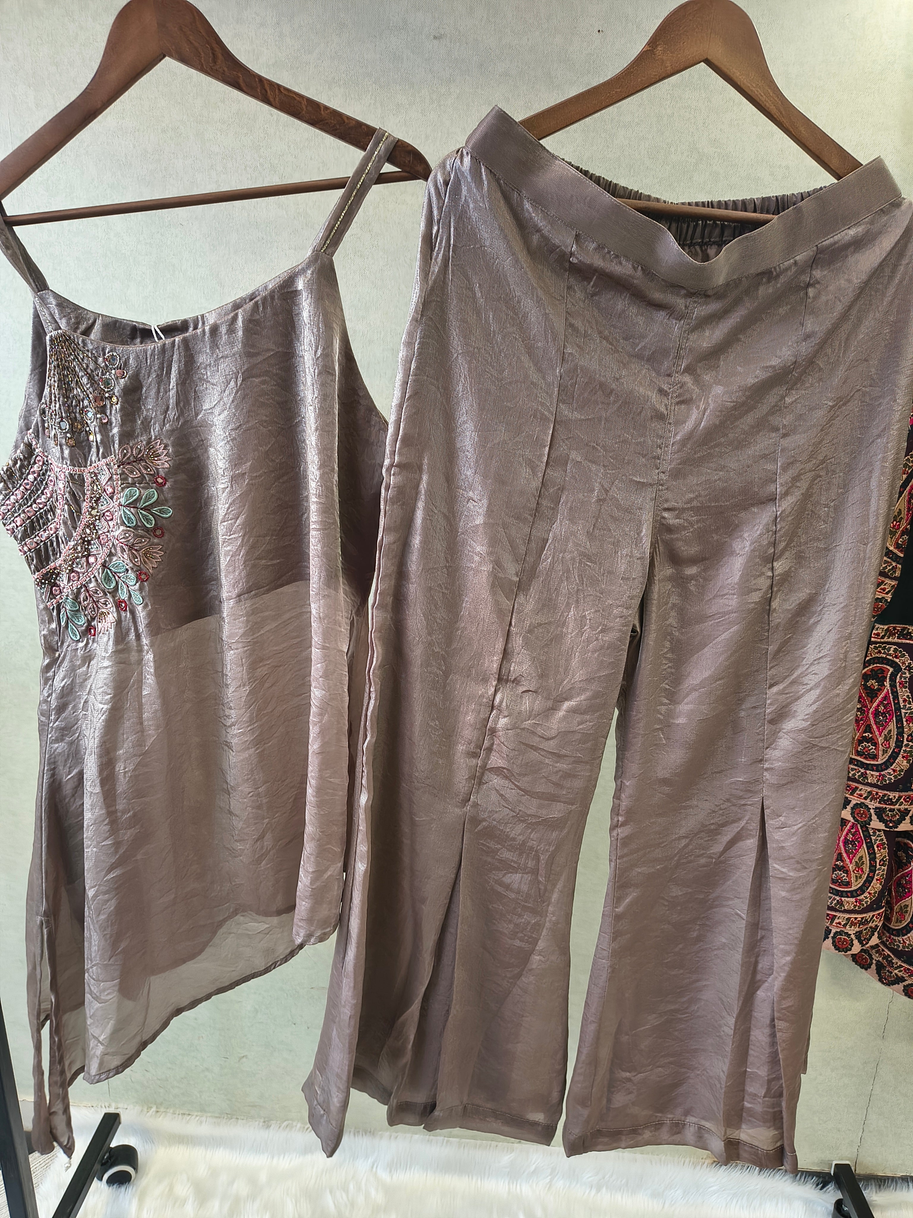 Image of Steel Grey Asymmetrical Embroidered Indo-Western Kurta Set with Straight Pants & Dupatta – 3 Piece Designer Co-Ord Set