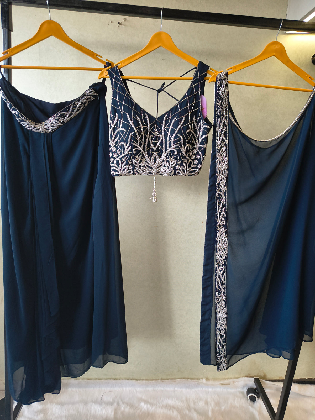Midnight Navy Embroidered Designer Blouse with Flared Palazzo & Embroidered Dupatta – 3 Piece Festive Indo-Western Set