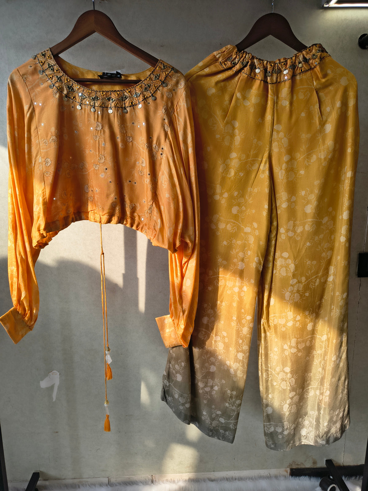 Premium Sunset Ombre Embellished Crop Top & Wide-Leg Palazzo Co-Ord Set