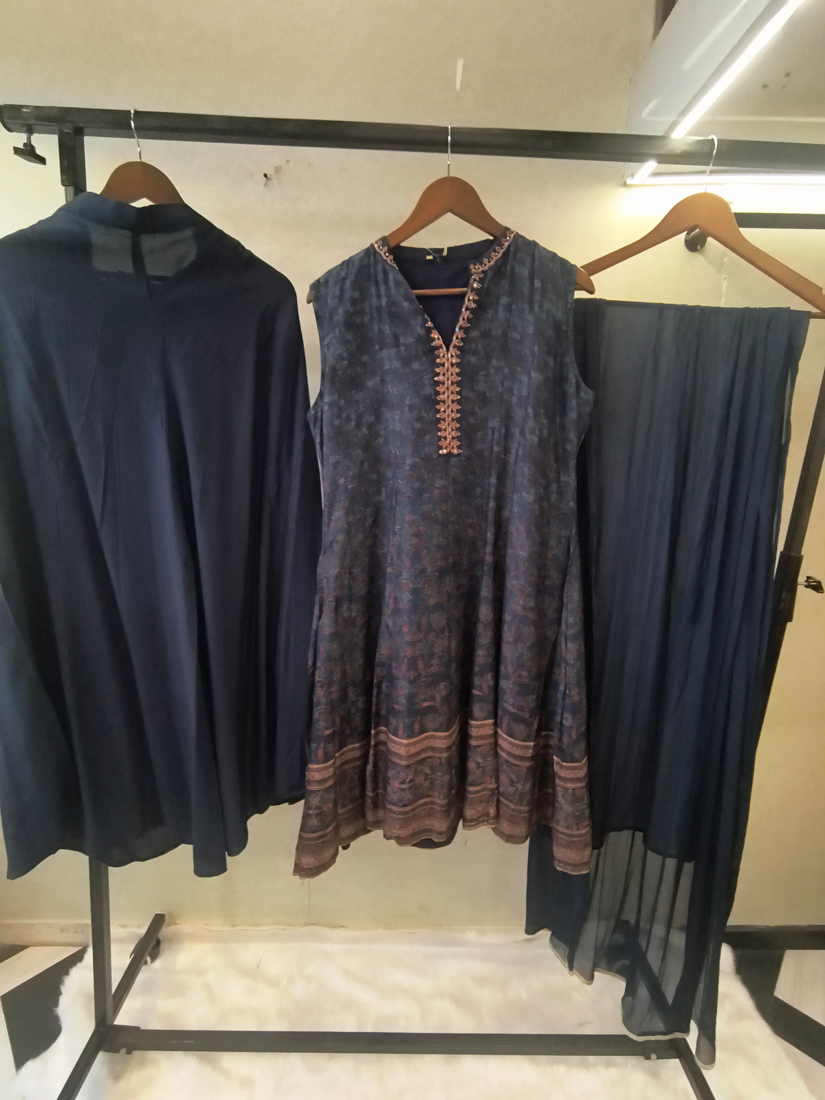 Midnight Navy Printed Anarkali Kurta Set with Embroidered Neckline, Palazzo & Chiffon Dupatta | Premium 3 Piece Festive Ensemble