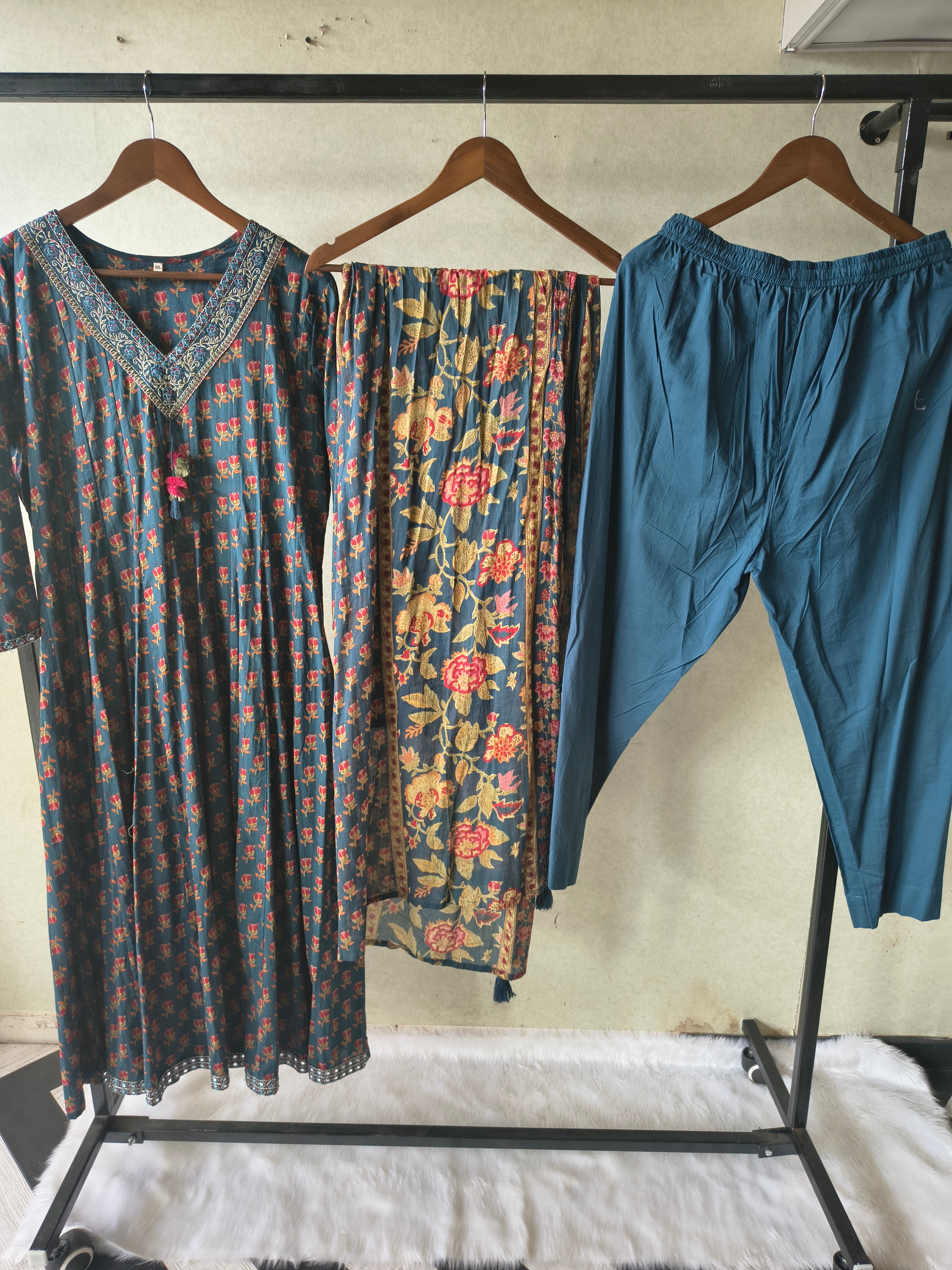 Image of Premium Teal Blue Floral Printed Anarkali Kurta Set with Embroidered V-Neck, Solid Pants & Designer Printed Dupatta
