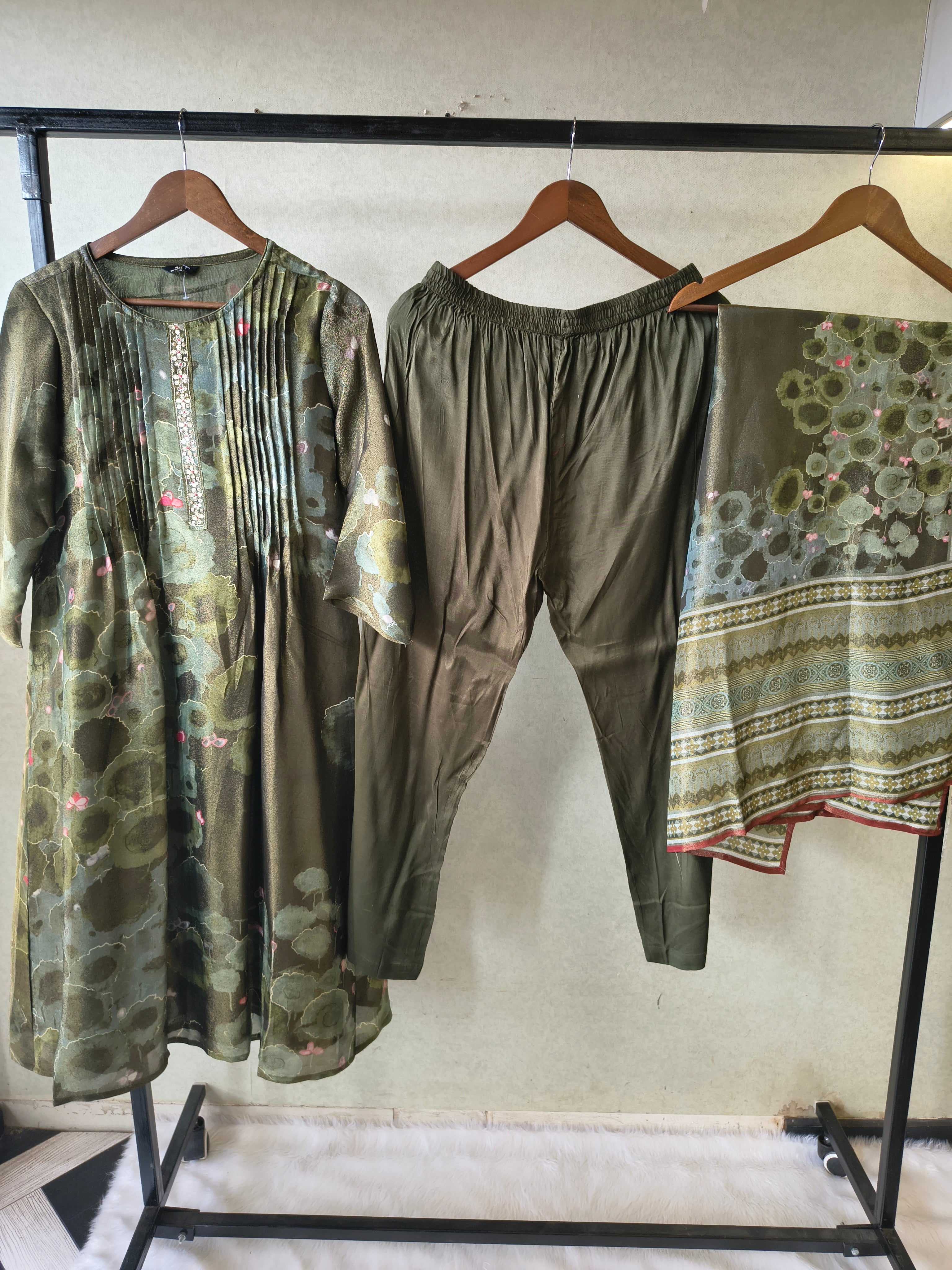 Image of Premium Olive Green Abstract Printed A-Line Kurta Set with Dupatta