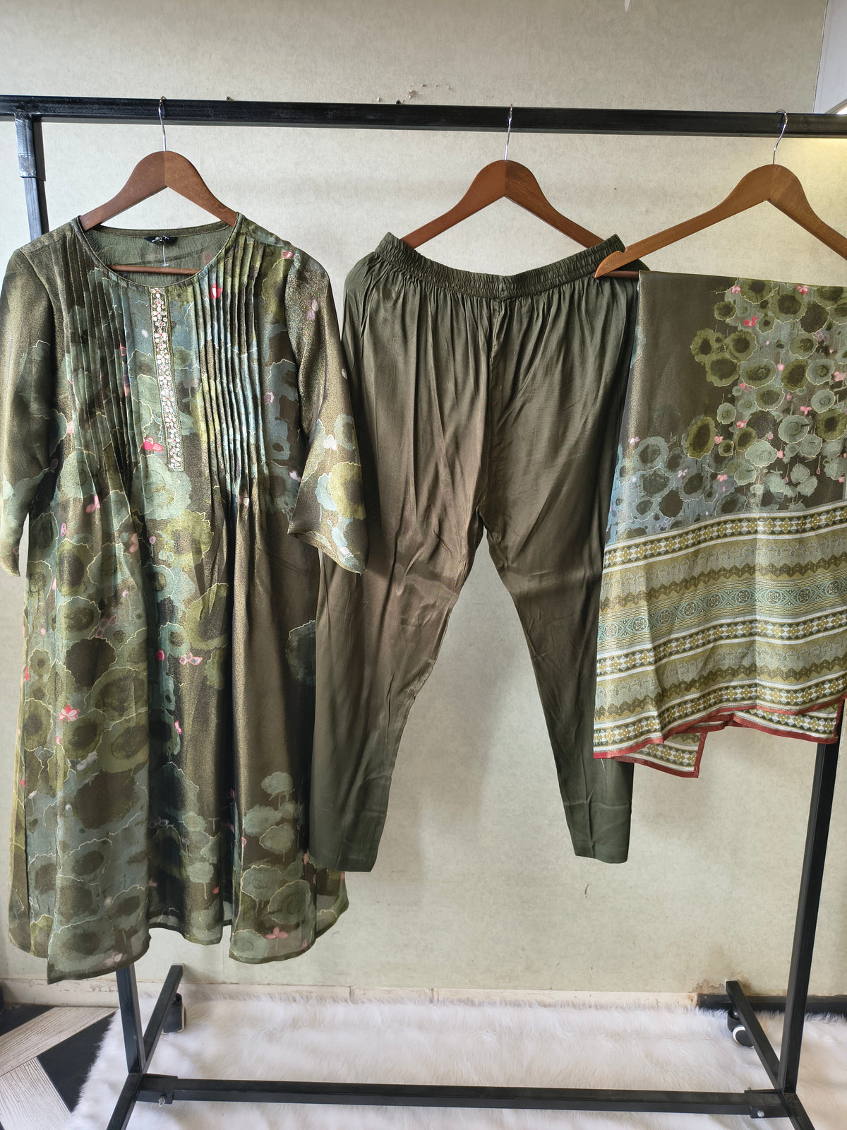 Premium Olive Green Abstract Printed A-Line Kurta Set with Dupatta