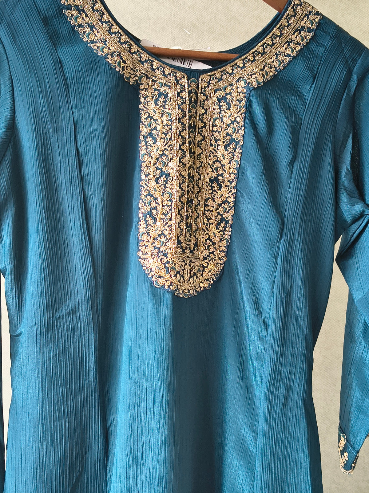 Premium Teal Blue Embroidered Straight Kurta with Salwar Pants & Embellished Dupatta Set
