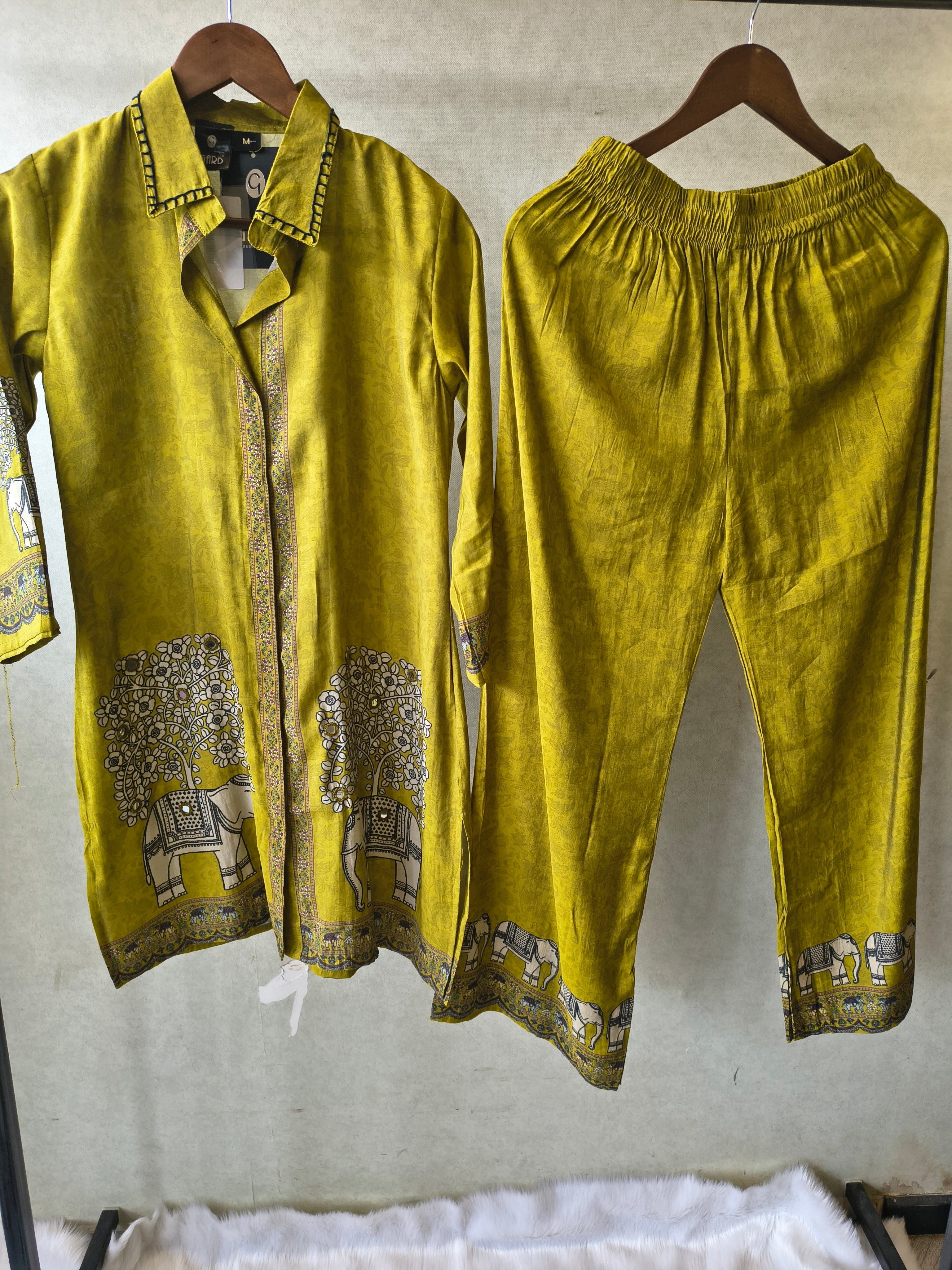 Image of Mustard Yellow Elephant Print Designer Co-Ord Set with Asymmetrical Hem