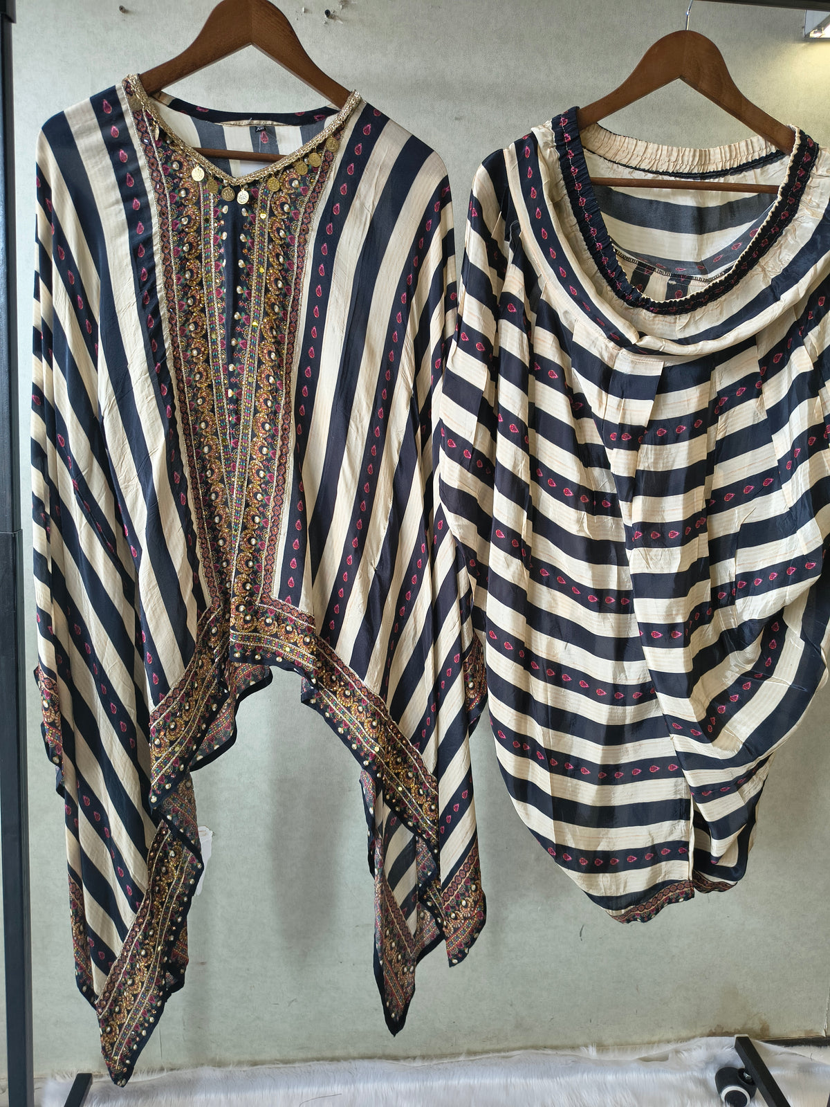 Ivory & Navy Striped Designer Kaftan Co-Ord Set with Embroidered Neckline & Draped Silhouette