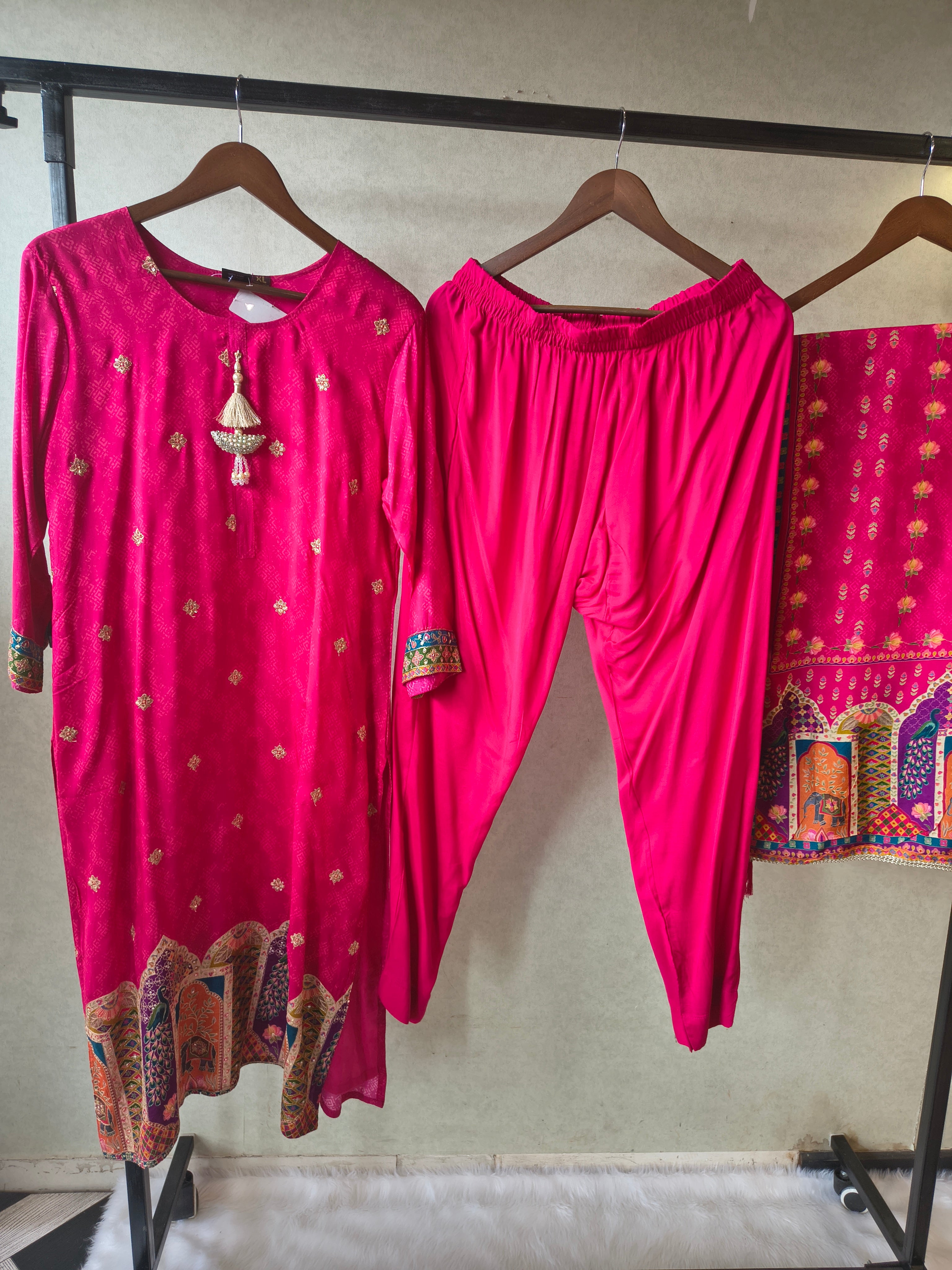 Image of Premium Rani Pink Printed Straight Kurta with Cigarette Pants & Dupatta Set