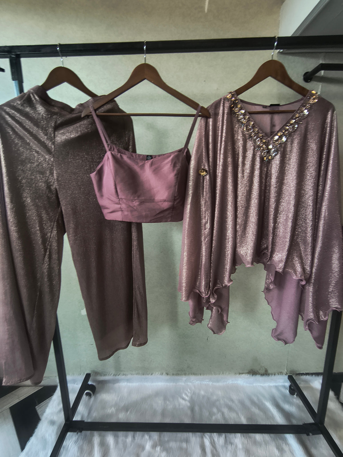 Premium Rose Gold Shimmer Kaftan Co-Ord Set with Hand Embellished Cape & Straight Pants