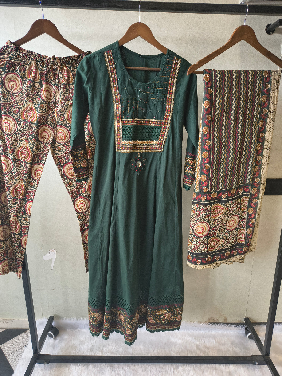 Emerald Green Embroidered Three-Piece Kurta Set with Printed Pant & Designer Dupatta
