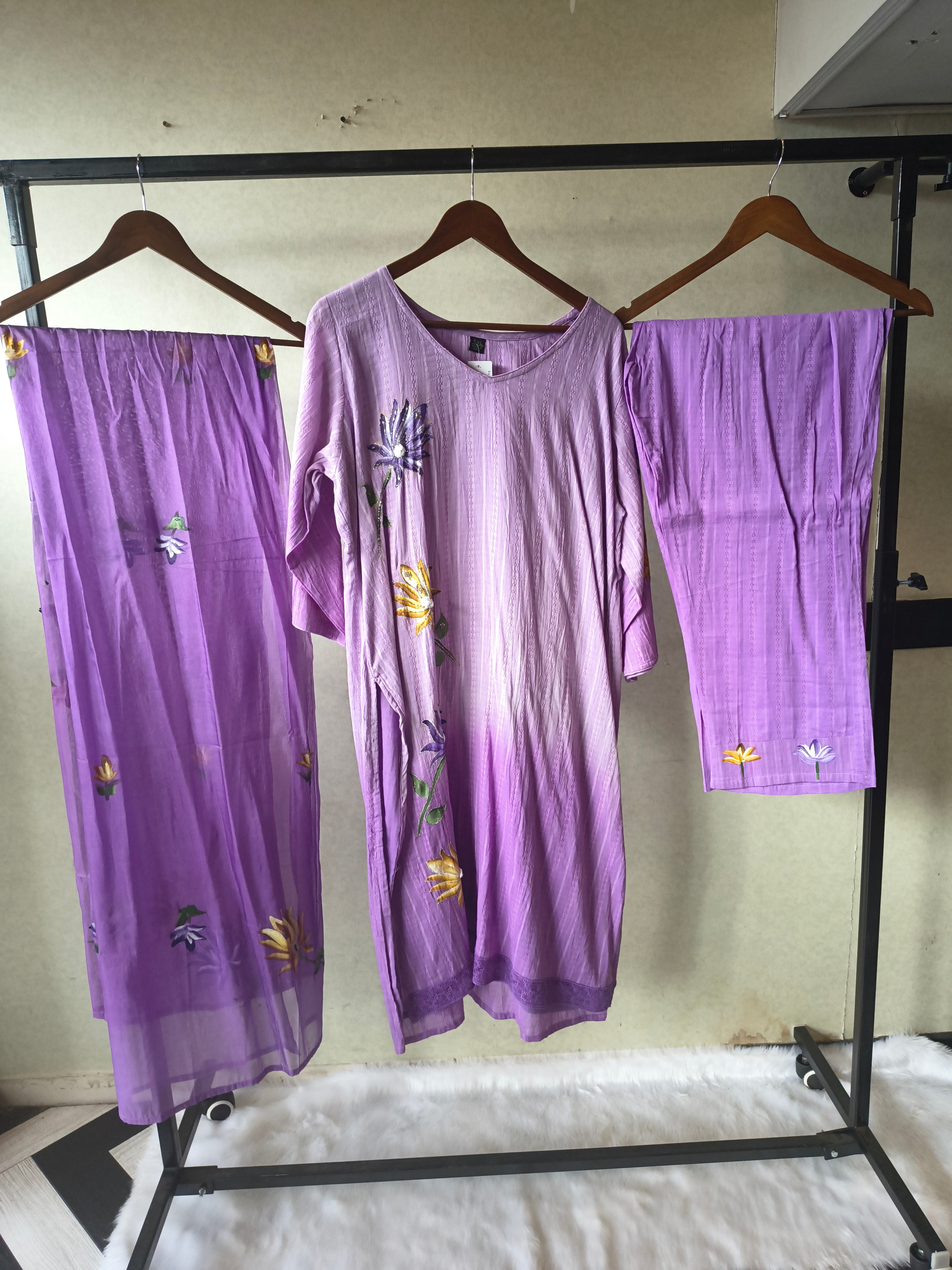 Image of Premium Lavender Embroidered Straight Kurta Set with Floral Dupatta & Straight Pants