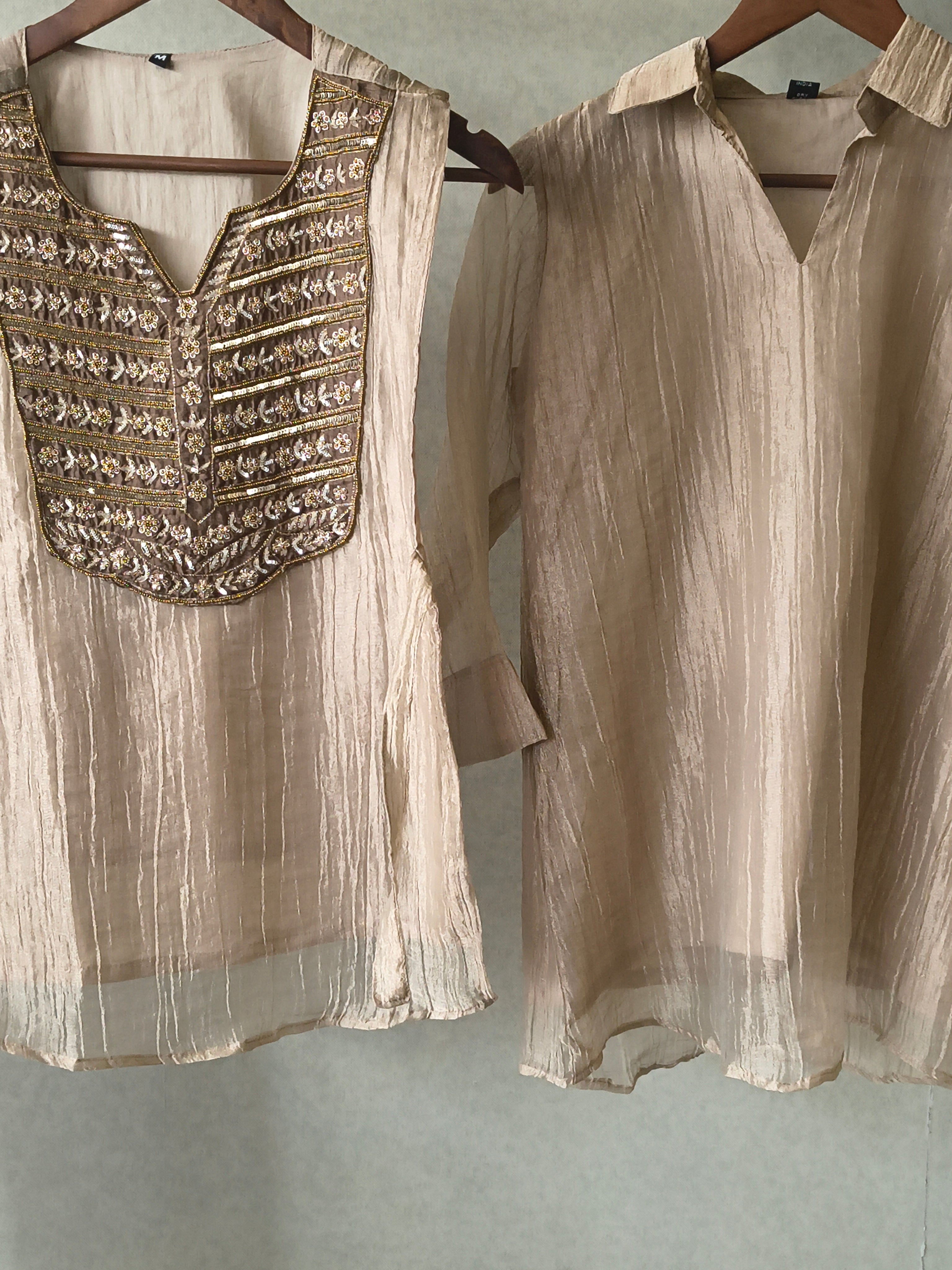 Image of Premium Champagne Gold Tissue Silk 3-Piece Co-Ord Set with Antique Zari Embroidered Jacket, Inner & Palazzo