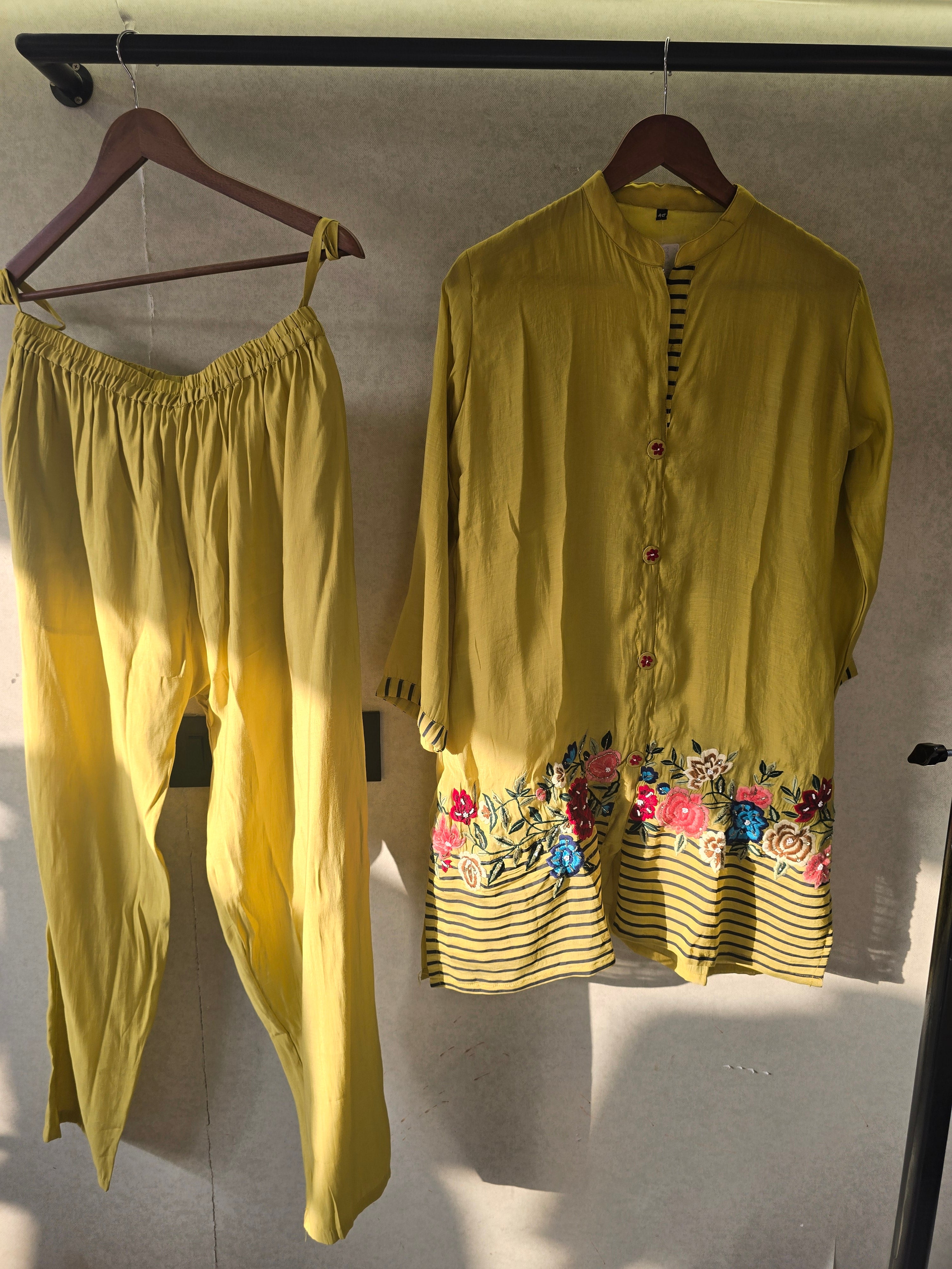 Image of Mustard Floral Embroidered Co-Ord Set