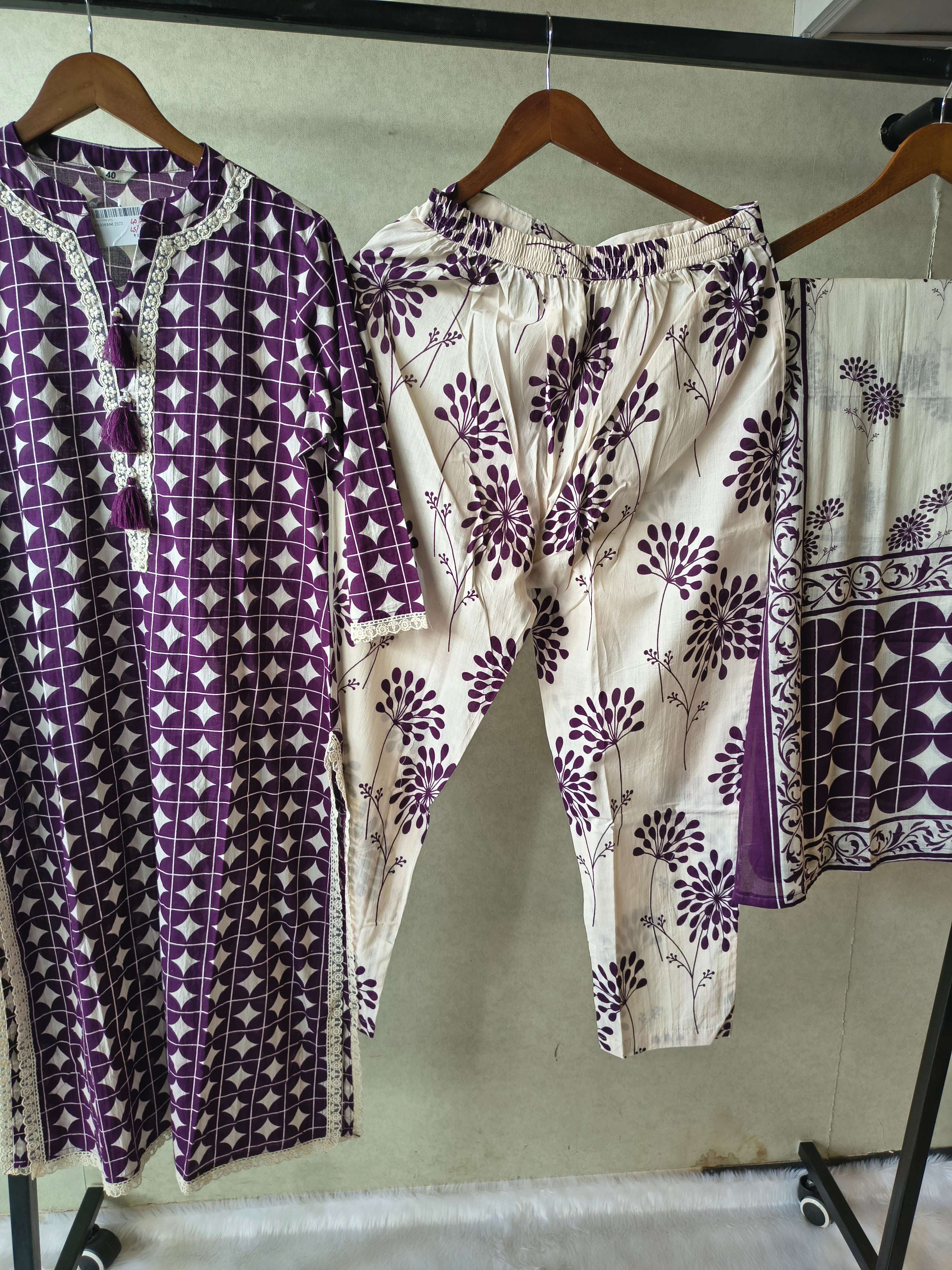 Image of Premium Plum Geometric Printed Cotton Kurta Set with Floral Printed Pants & Dupatta
