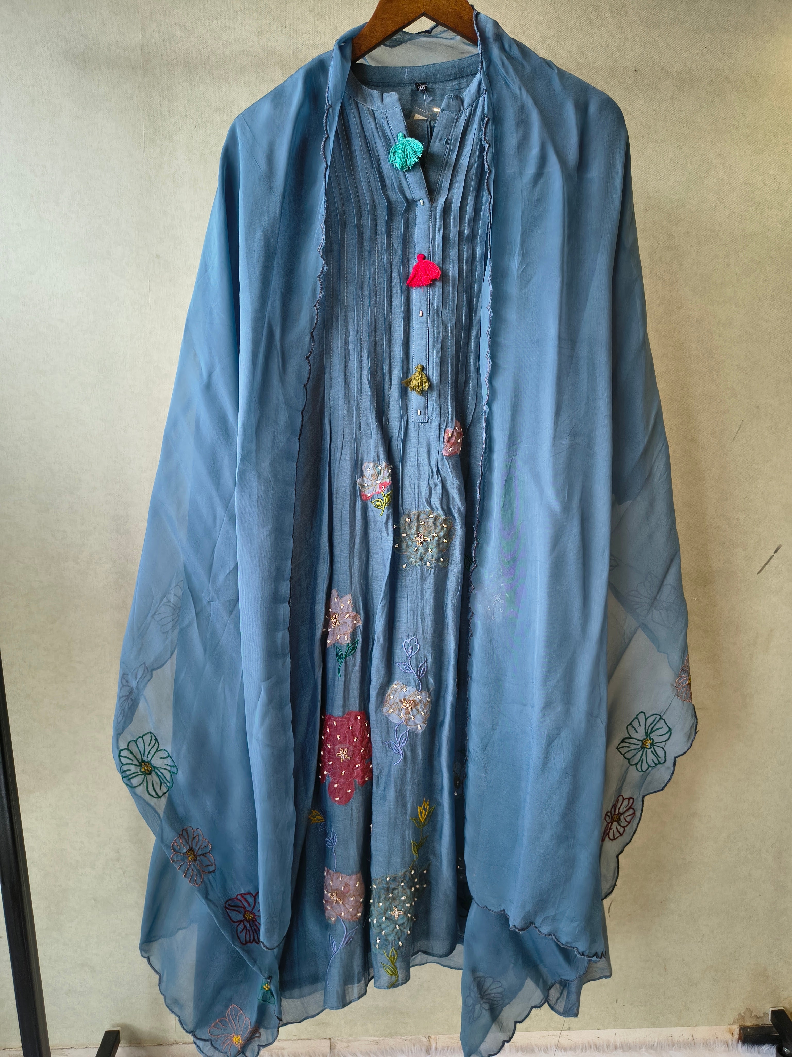 Image of Premium Steel Blue Embroidered Straight Kurta with Dhoti Pants & Embroidered Organza Dupatta Set