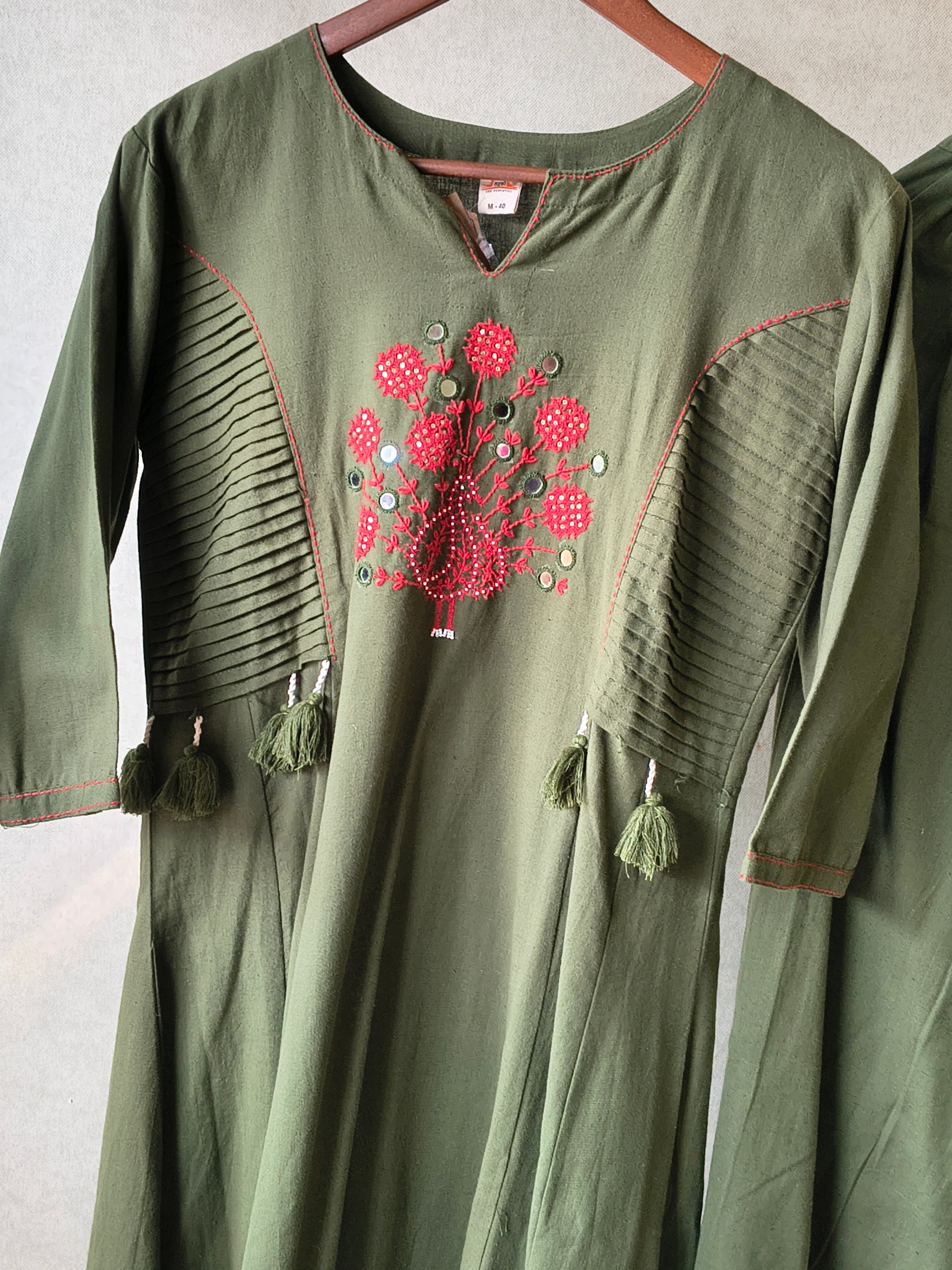 Image of Tadko Olive Green Embroidered Cotton Kurta & Pant Co-Ord Set