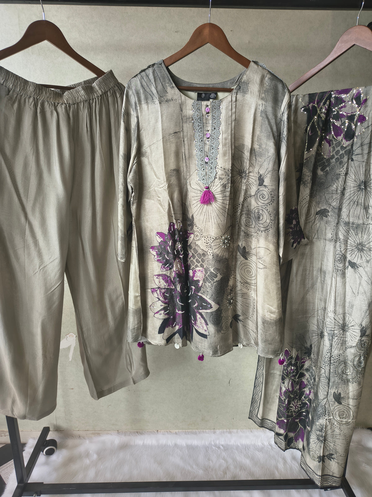 Premium Grey Abstract Floral Printed Kurta Set with Embellished Neckline, Solid Pants & Designer Printed Dupatta
