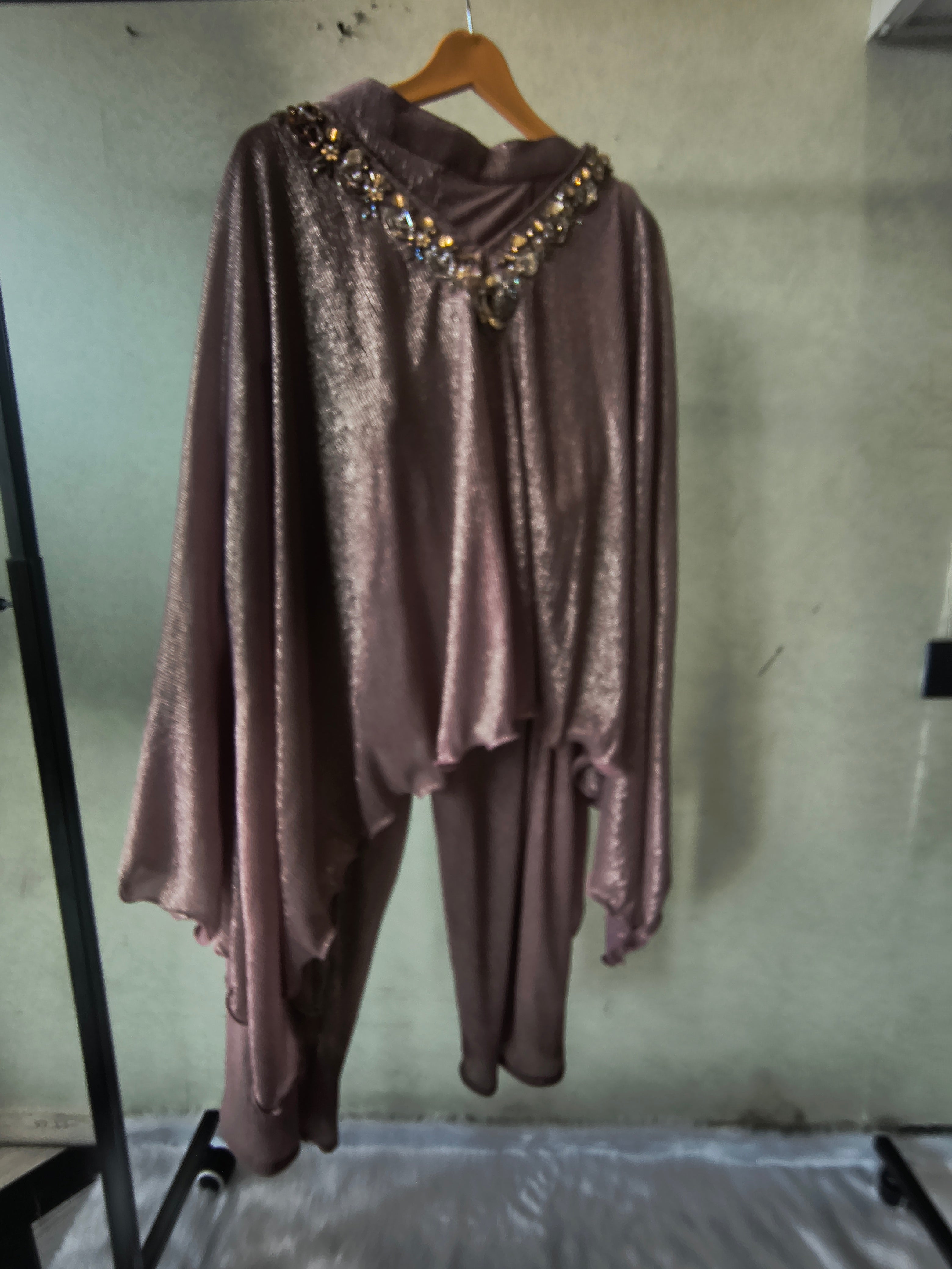Image of Premium Rose Gold Shimmer Kaftan Co-Ord Set with Hand Embellished Cape & Straight Pants
