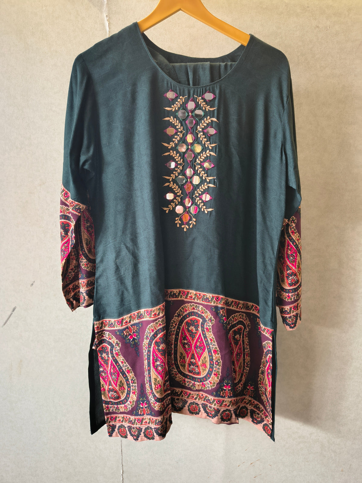 Premium Teal Mirror Work Printed Kurta Pant Co-Ord Set