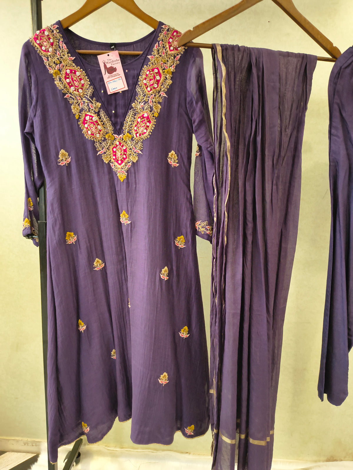 Midnight Navy Hand-Embroidered Straight Kurta Set with Statement Neckline, Churidar Pants & Tassel Dupatta | Premium 3 Piece Festive Ensemble