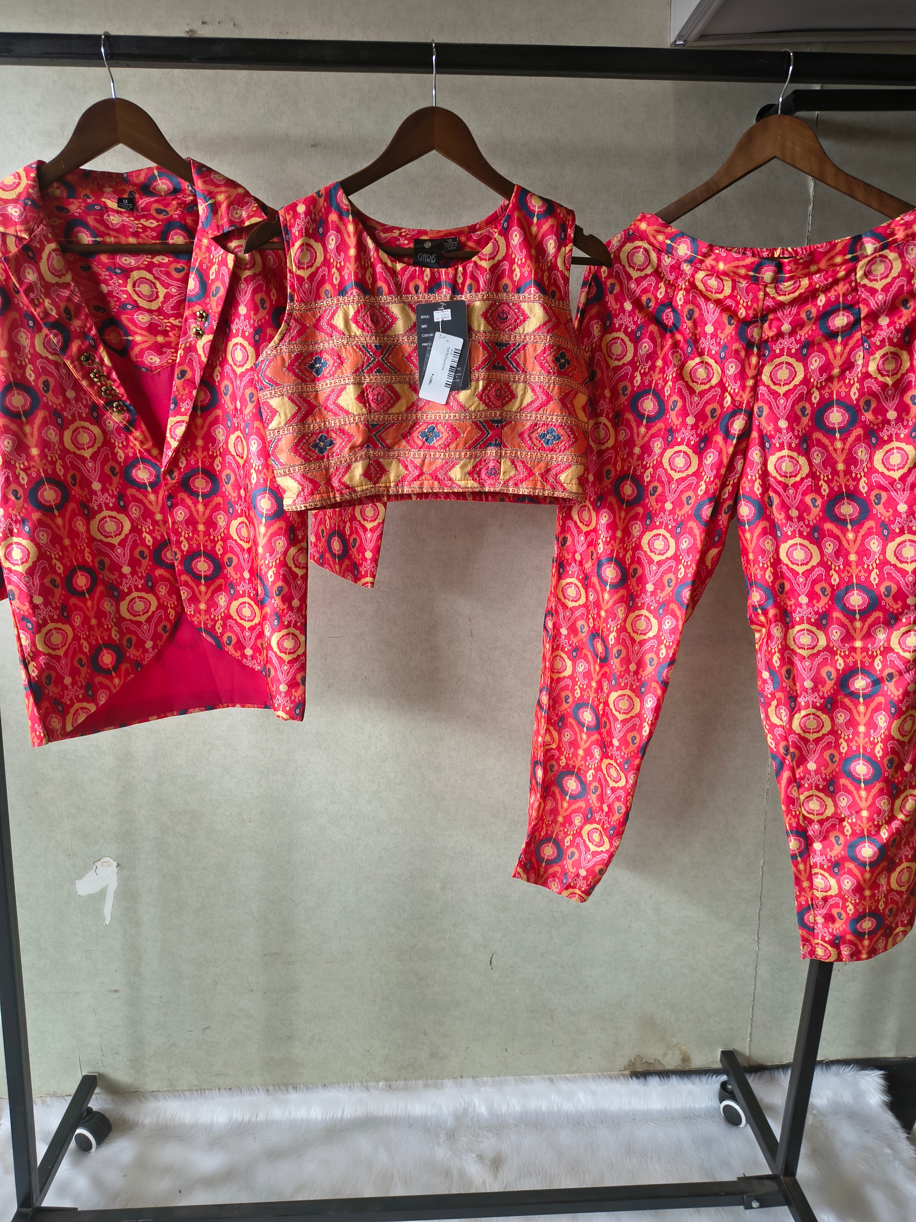 Image of Premium Indo-Western Printed Co-ord Set with Embroidered Crop Top, Printed Shirt & Straight Pants
