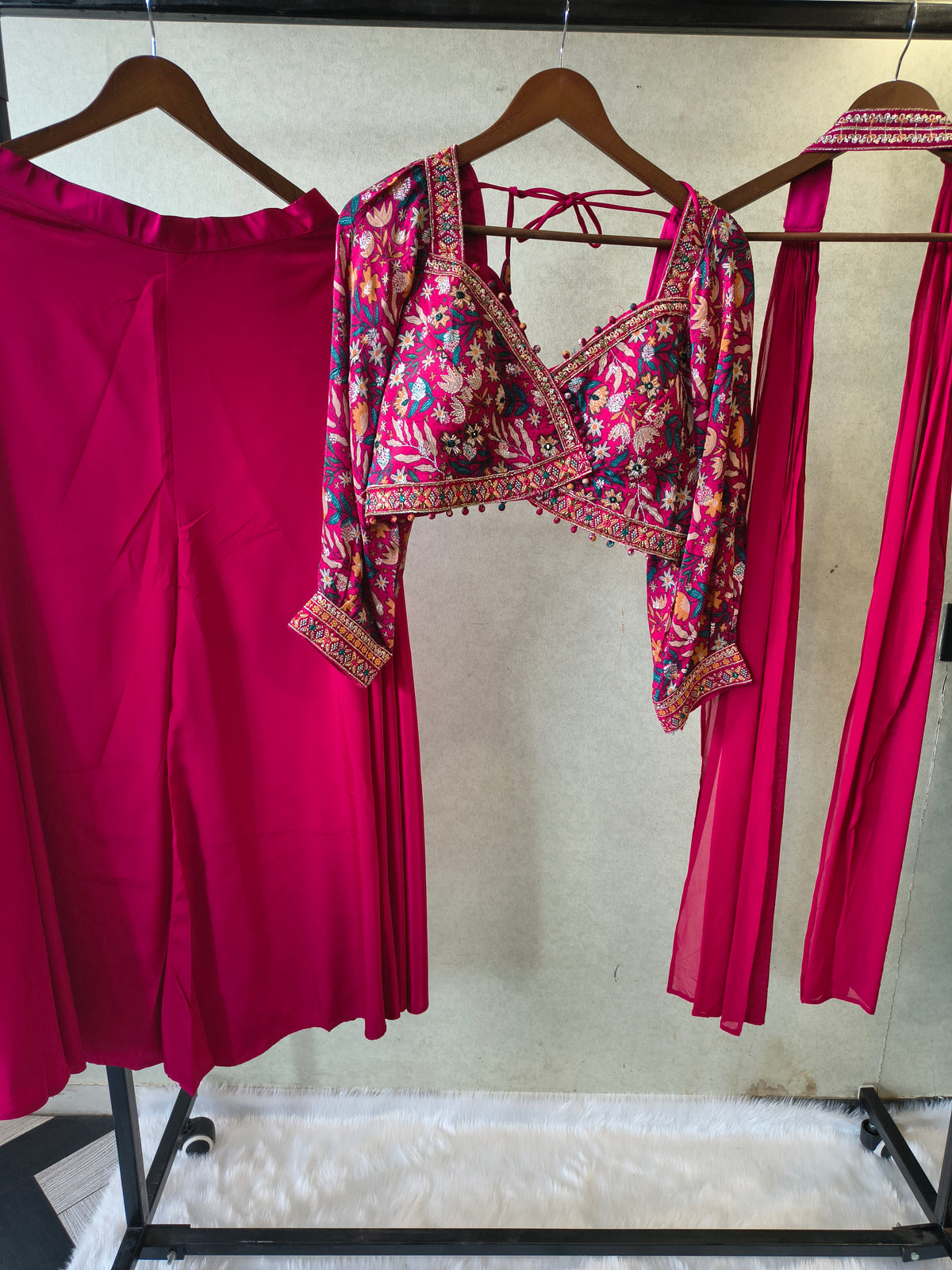 Luxury Rani Pink Floral Printed Blouse with Flared Palazzo & Embellished Choker Dupatta – 3 Piece Designer Indo-Western Set