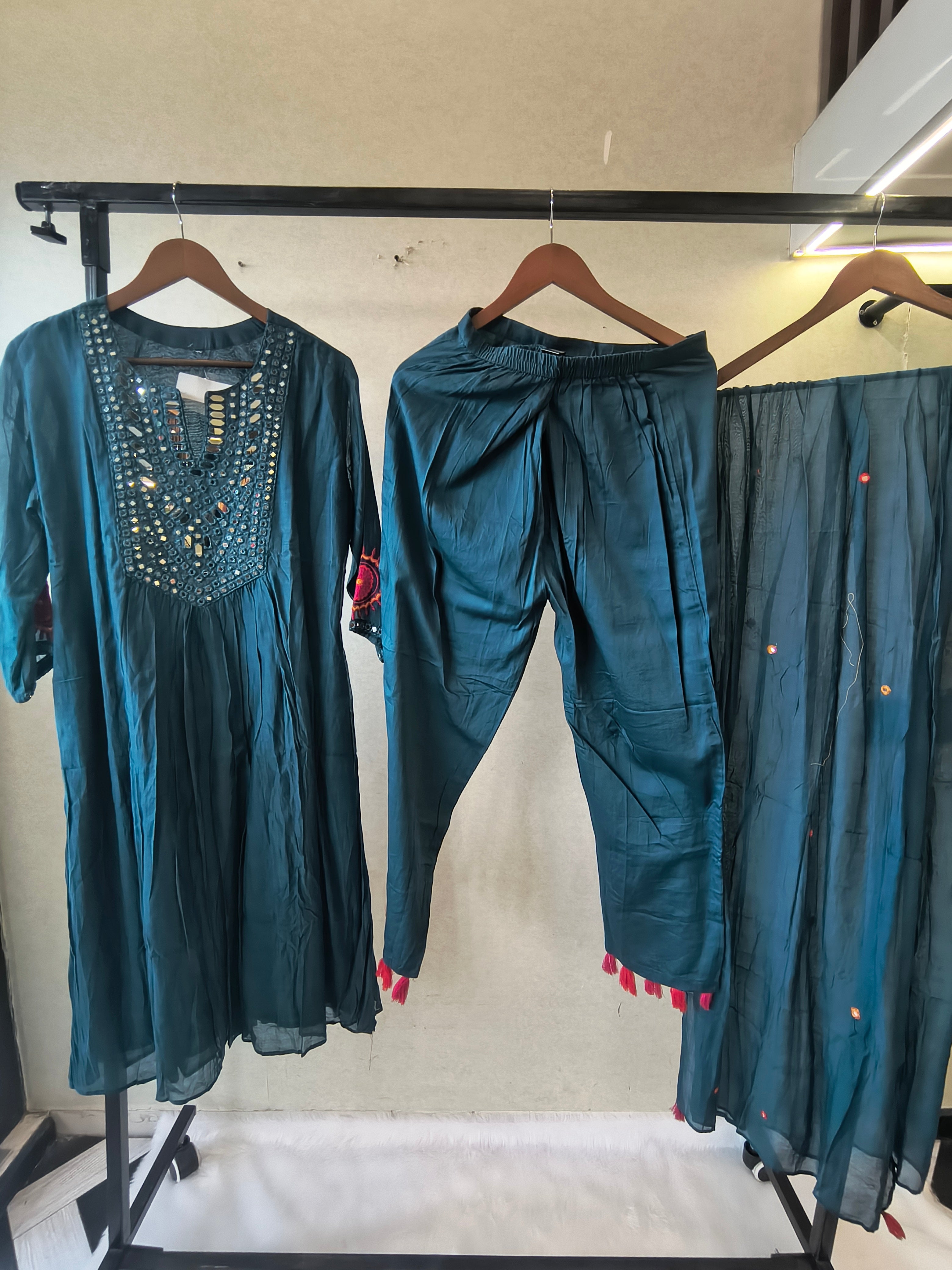Image of Teal Blue Mirror Work Embroidered Kurta Set with Dupatta | Premium 3 Piece Ethnic Suit