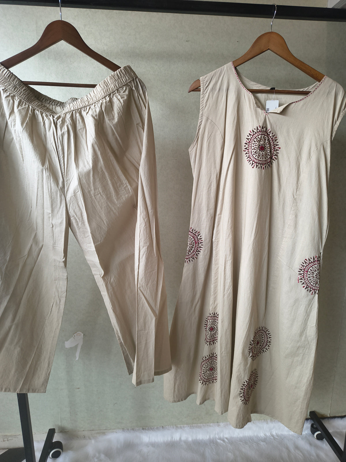 Premium Beige Hand Block Motif A-Line Kurta Set with Straight Pants