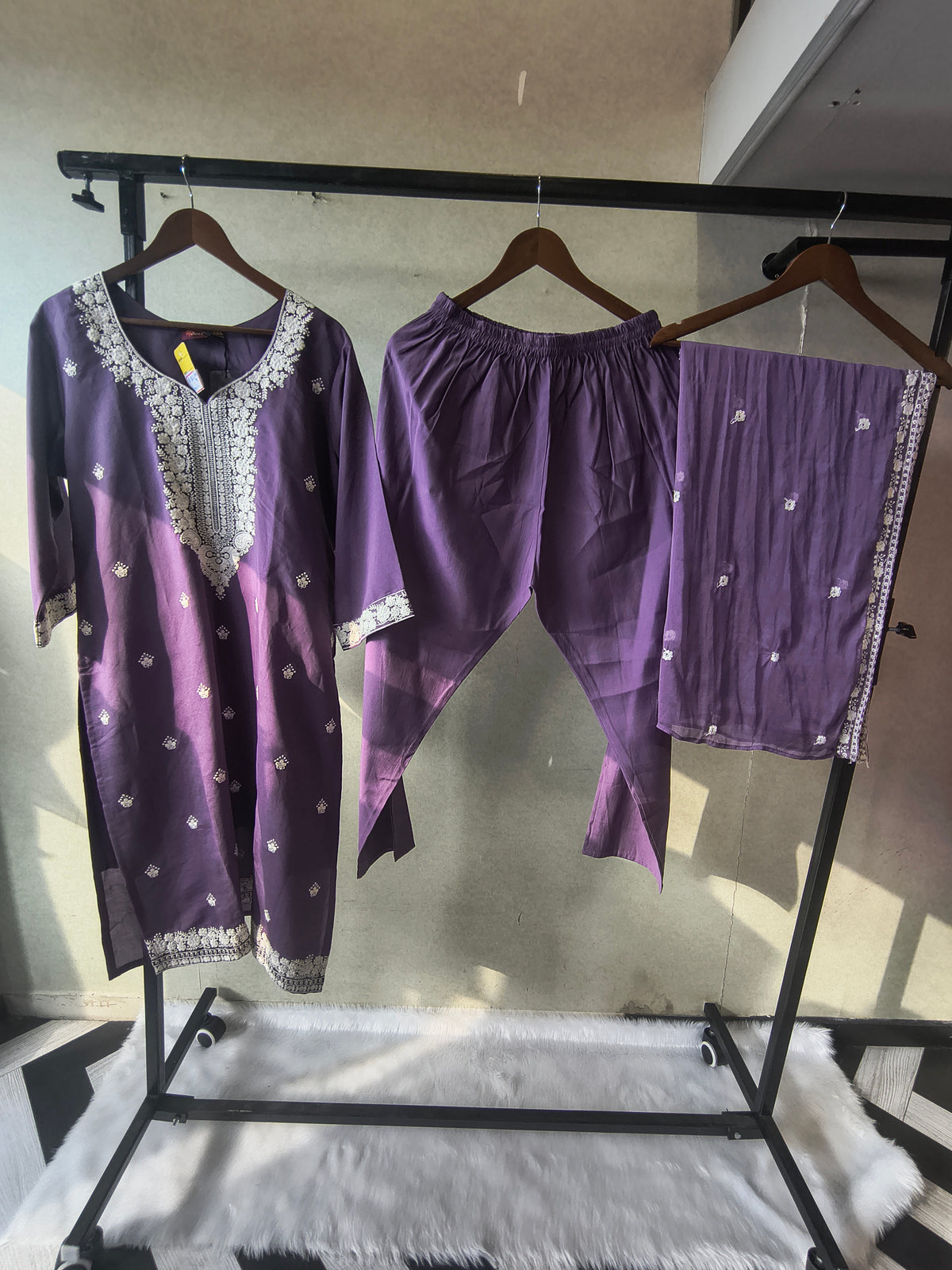 Premium Lavender Embroidered Kurta Set with Chikankari Work & Organza Dupatta