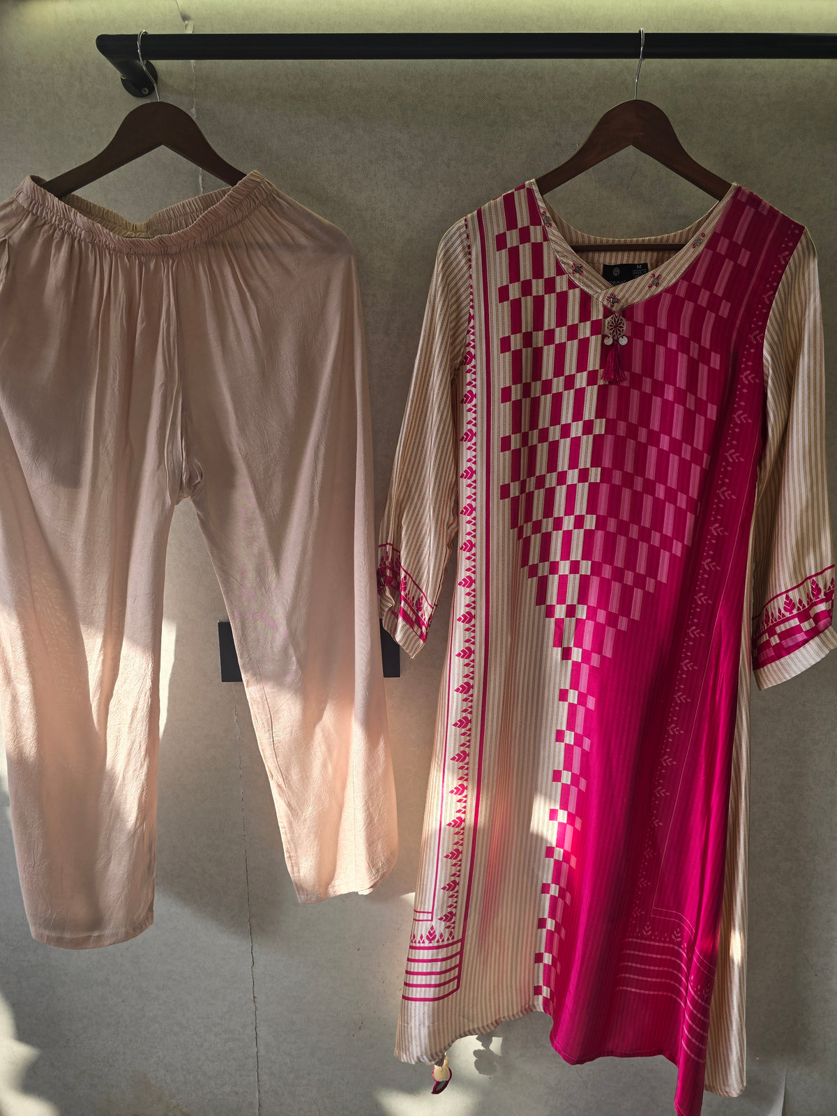 Fuchsia Panel Print Kurta Pant Set