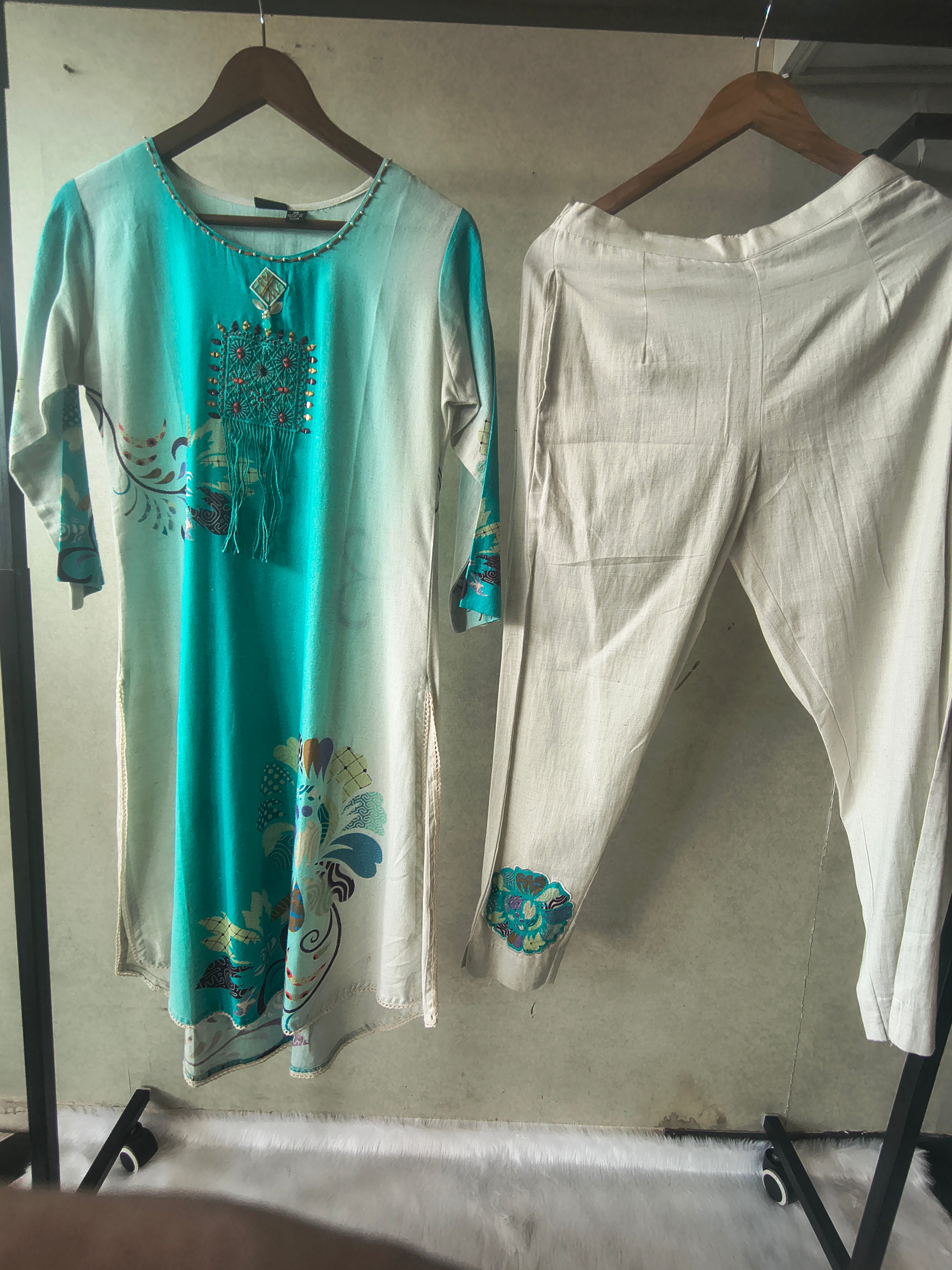 Image of Premium Aqua Ombre Linen Blend Kurta Set with Handcrafted Embroidered Tassel Patch & Embroidered Pants