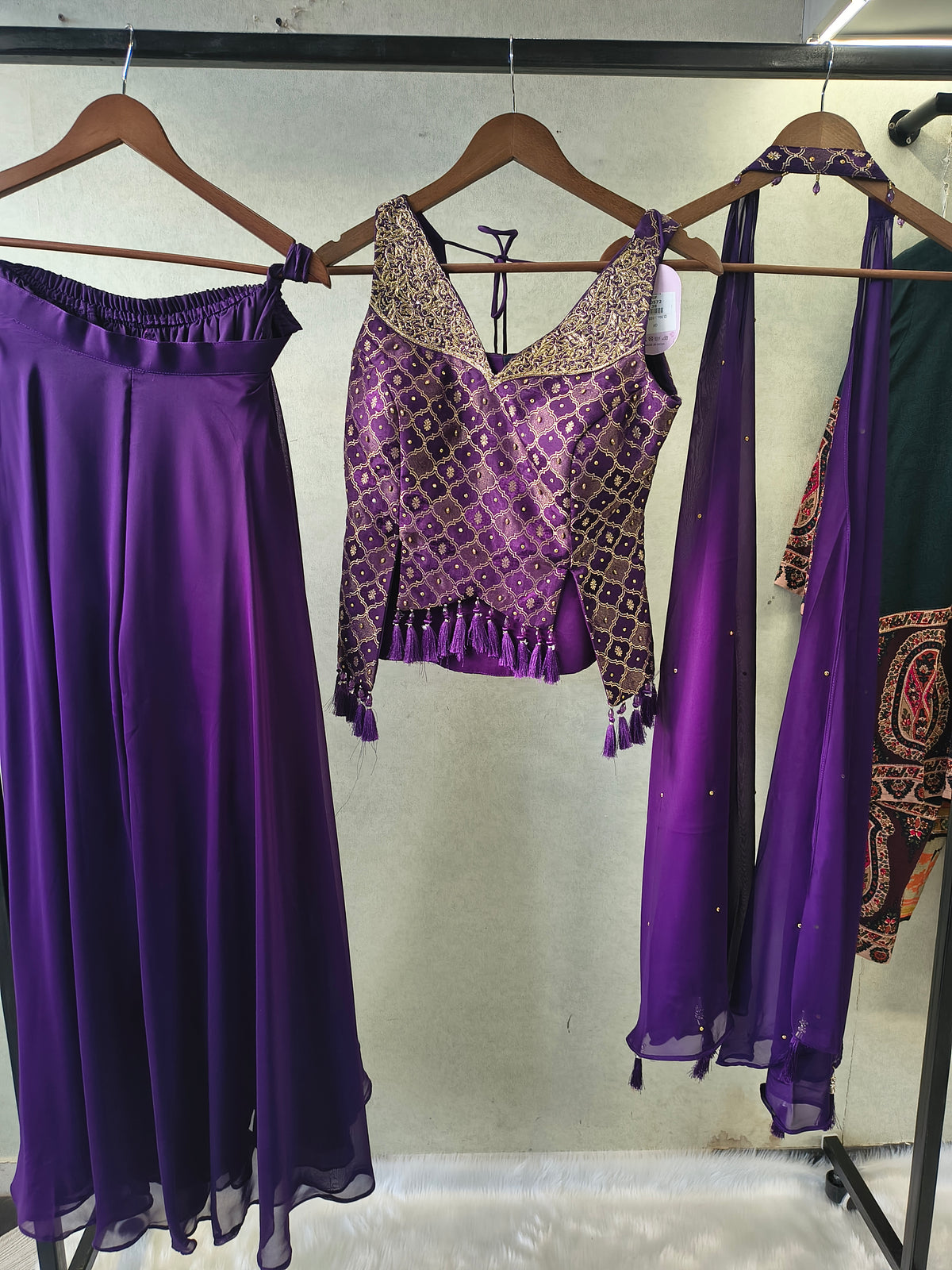 Royal Purple Brocade Blouse with Flared Palazzo & Embellished Choker Dupatta – 3 Piece Designer Indo-Western Set