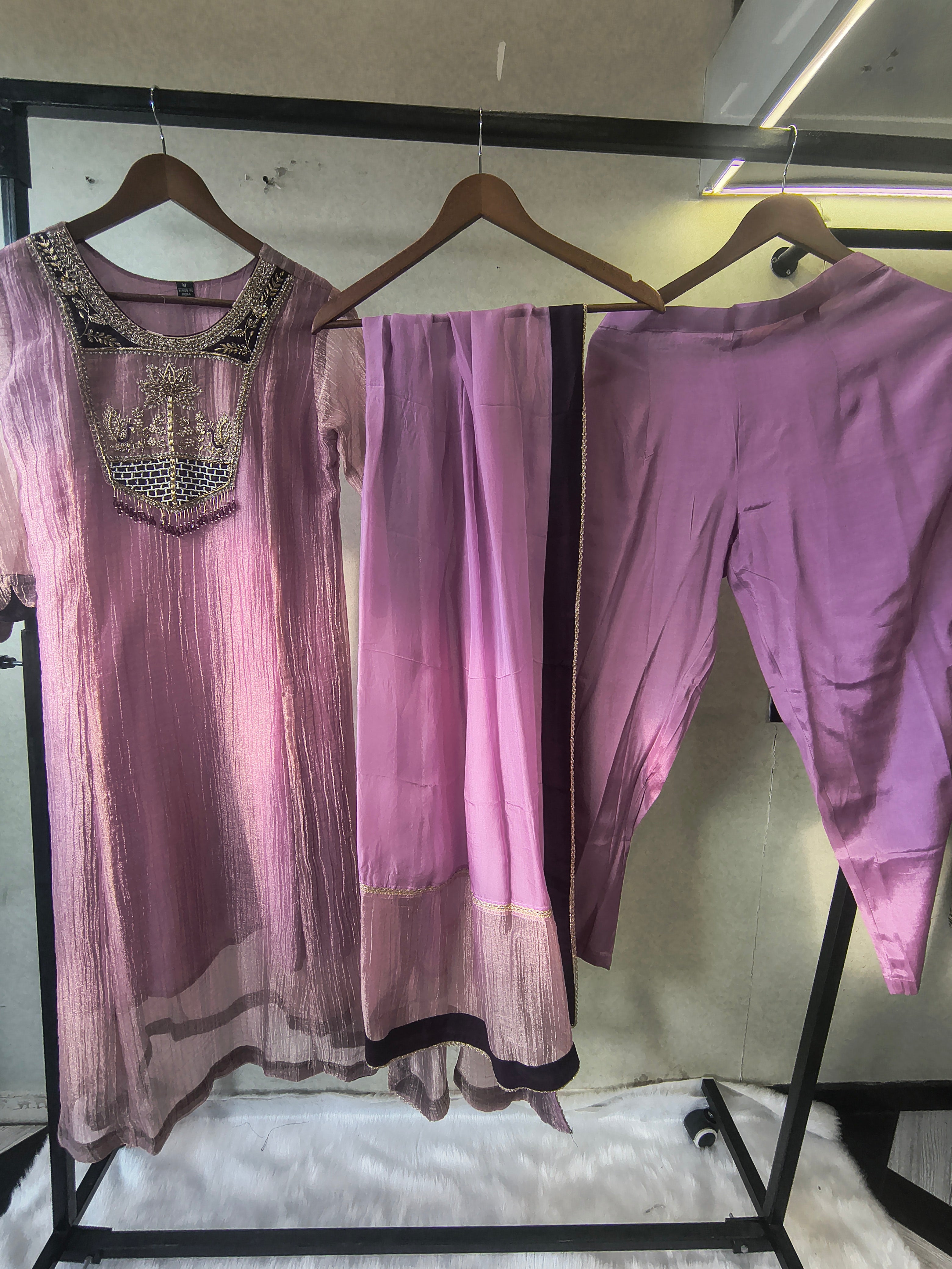 Image of Lavender Embroidered Anarkali Kurta Set with Handcrafted Statement Yoke & Organza Dupatta | Premium 3 Piece Ethnic Ensemble