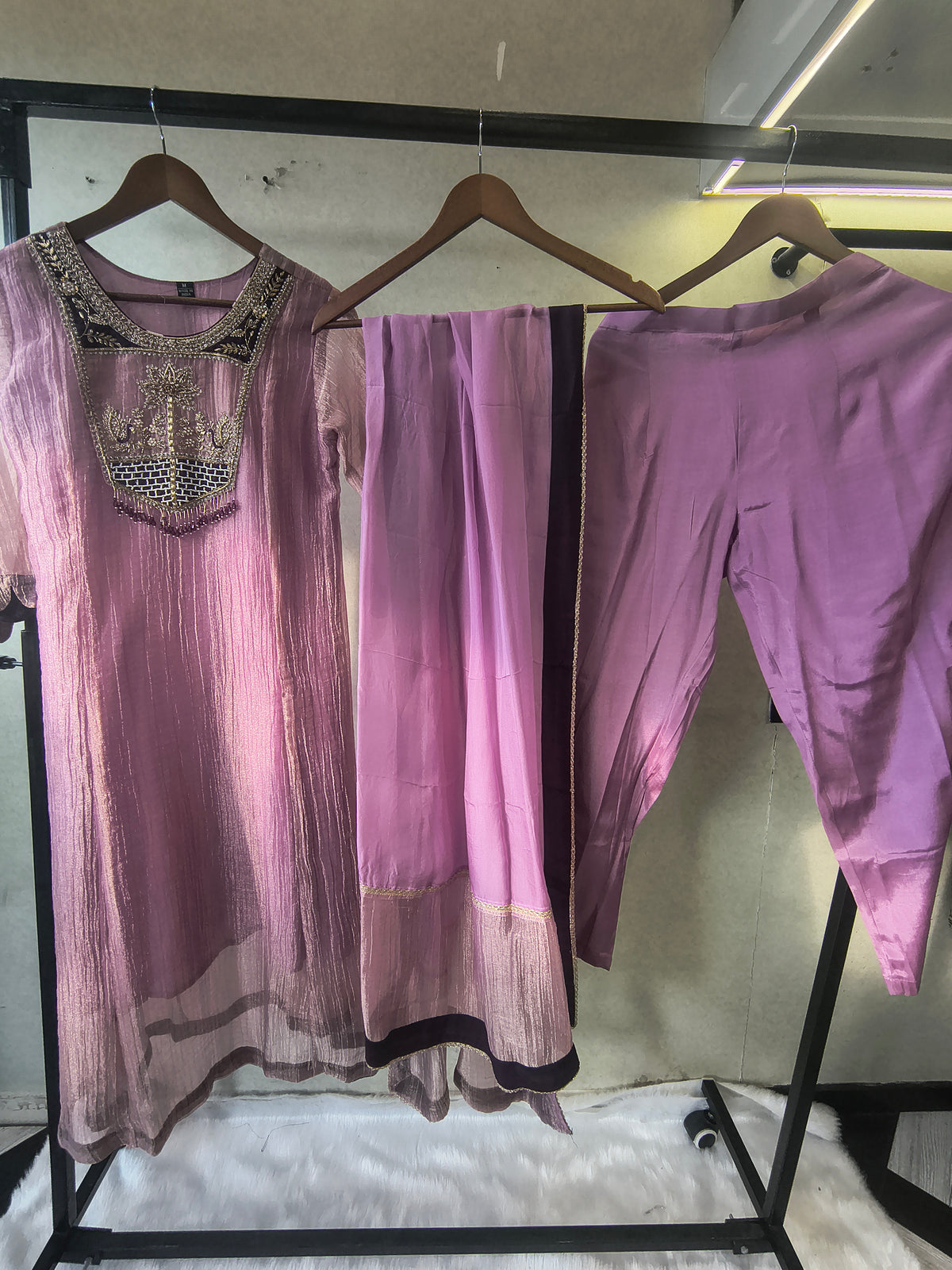 Lavender Embroidered Anarkali Kurta Set with Handcrafted Statement Yoke & Organza Dupatta | Premium 3 Piece Ethnic Ensemble