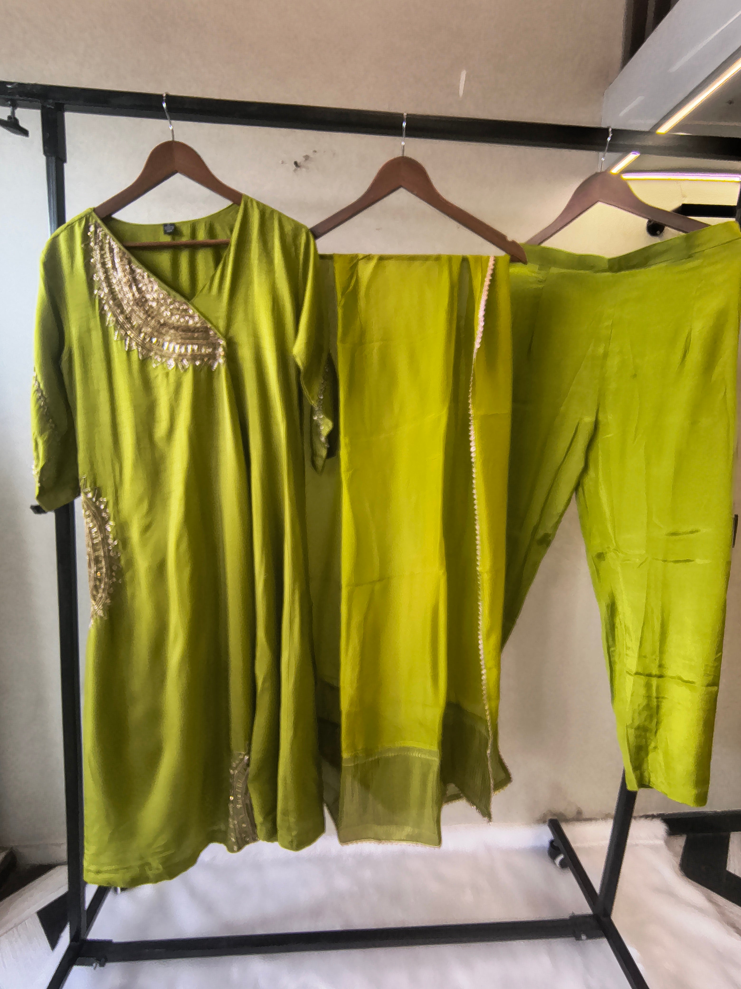 Image of Lime Green Hand-Embroidered Designer Kurta Set with Organza Dupatta | Premium 3 Piece Ethnic Suit