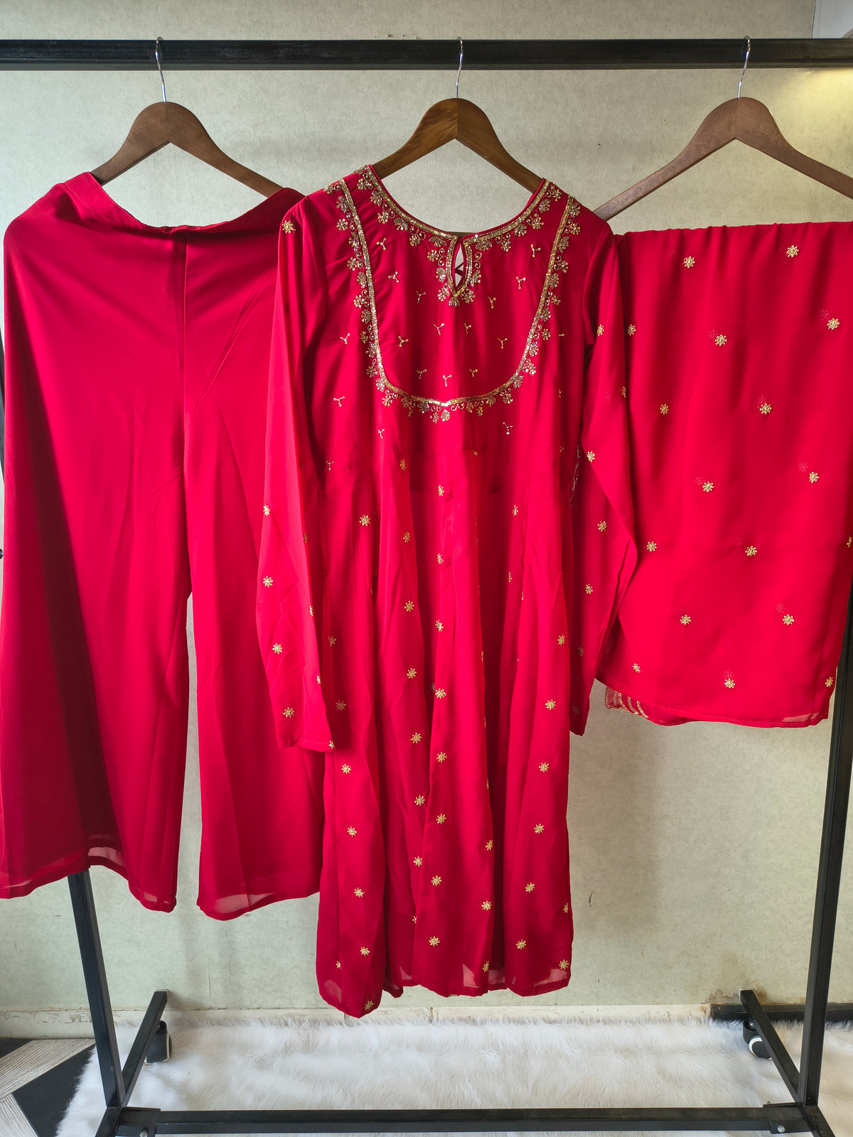 Premium Ruby Red Embroidered Kurta with Sharara & Embellished Dupatta Set