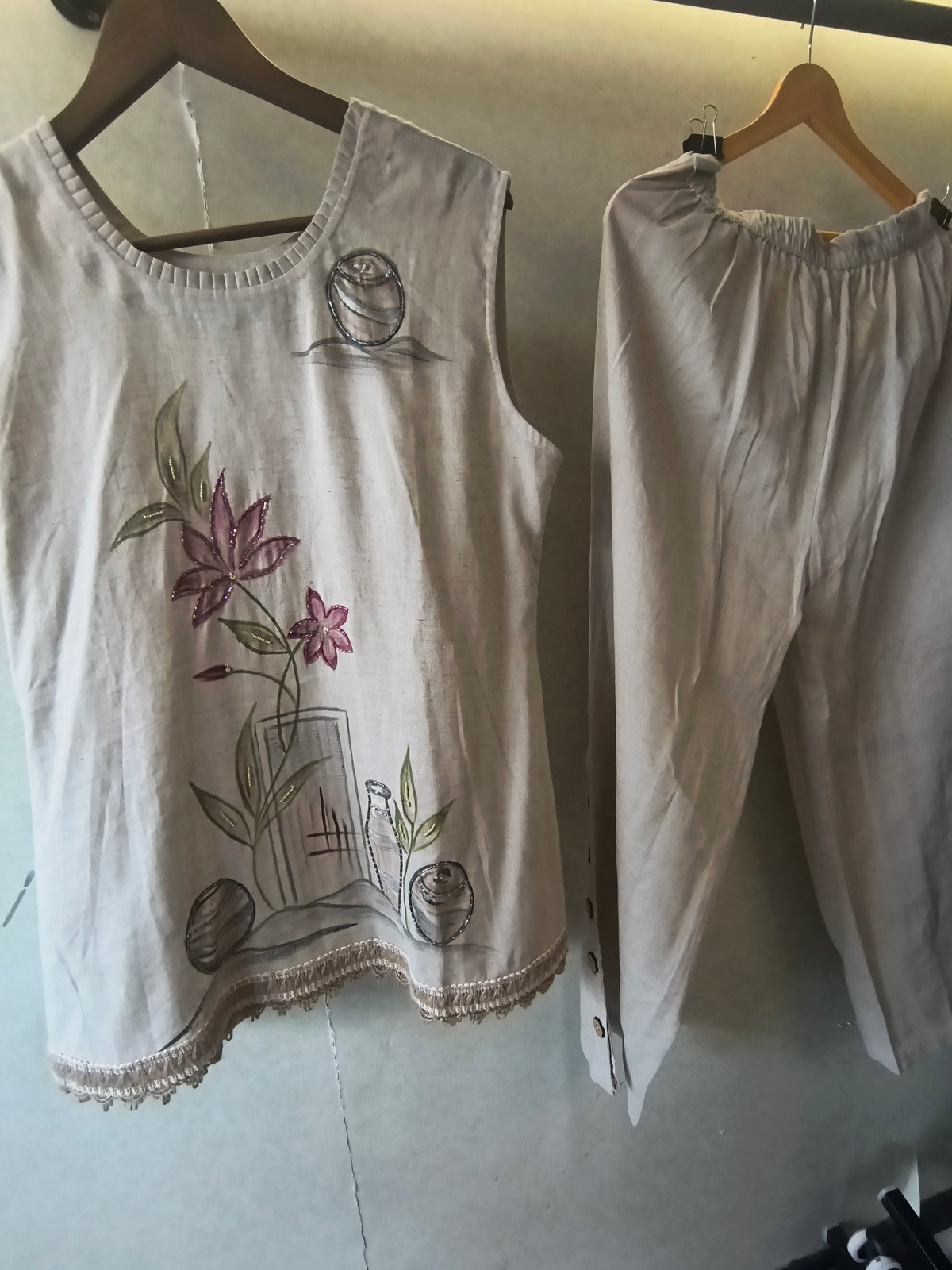 Ivory Floral Hand-Painted Linen Co-Ord Set