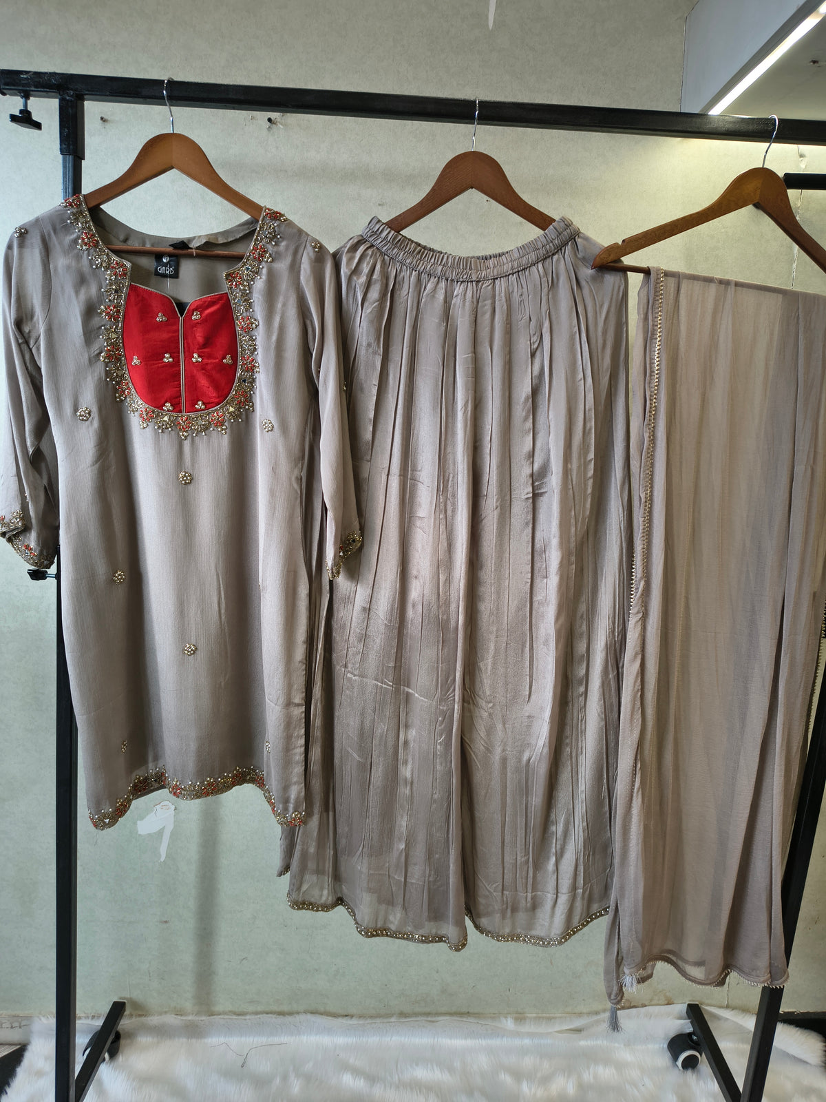 Pearl Grey Embellished Straight Kurta Set with Handcrafted Neckline, Wide Palazzo & Chiffon Dupatta | Premium 3 Piece Festive Ensemble