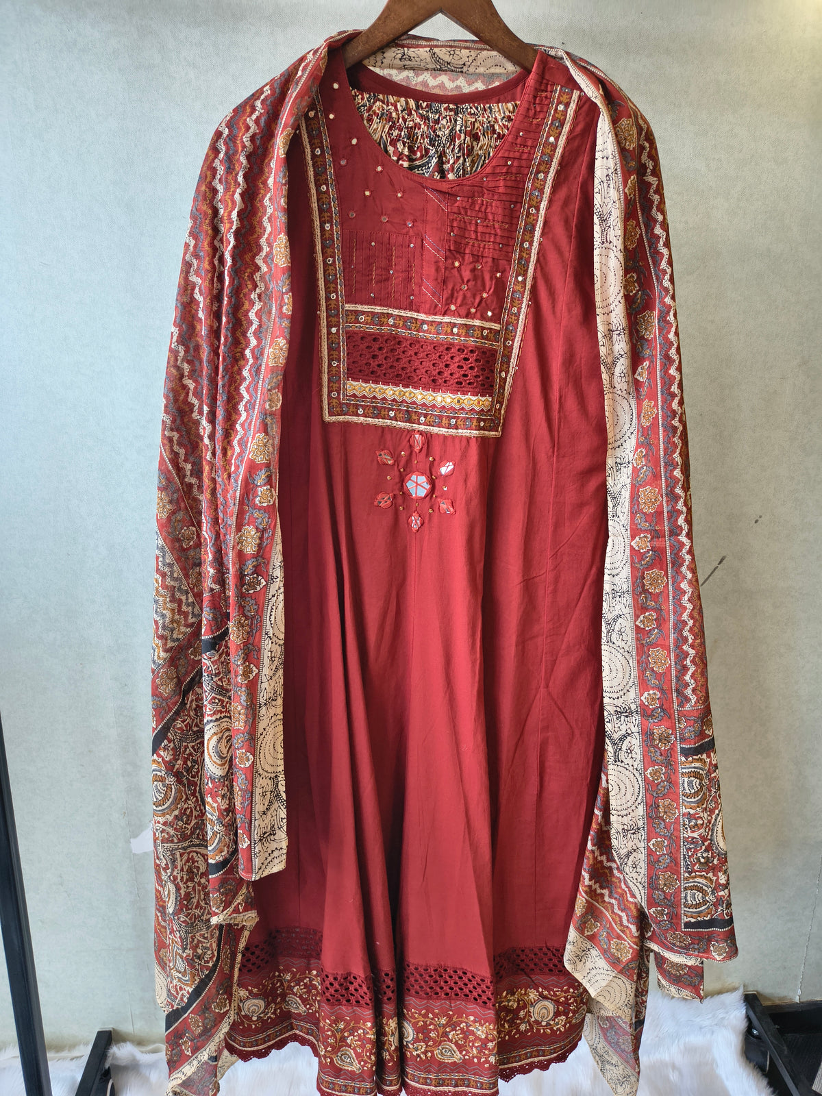 Rust Red Embroidered Three-Piece Kurta Set with Printed Pant & Designer Dupatta