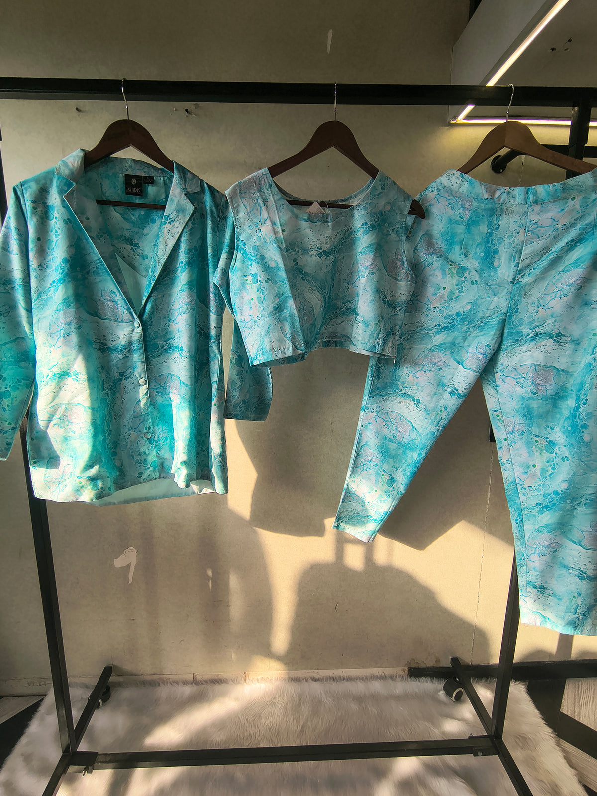 Premium Aqua Marble Print Blazer, Crop Top & Straight Pants Co-Ord Set