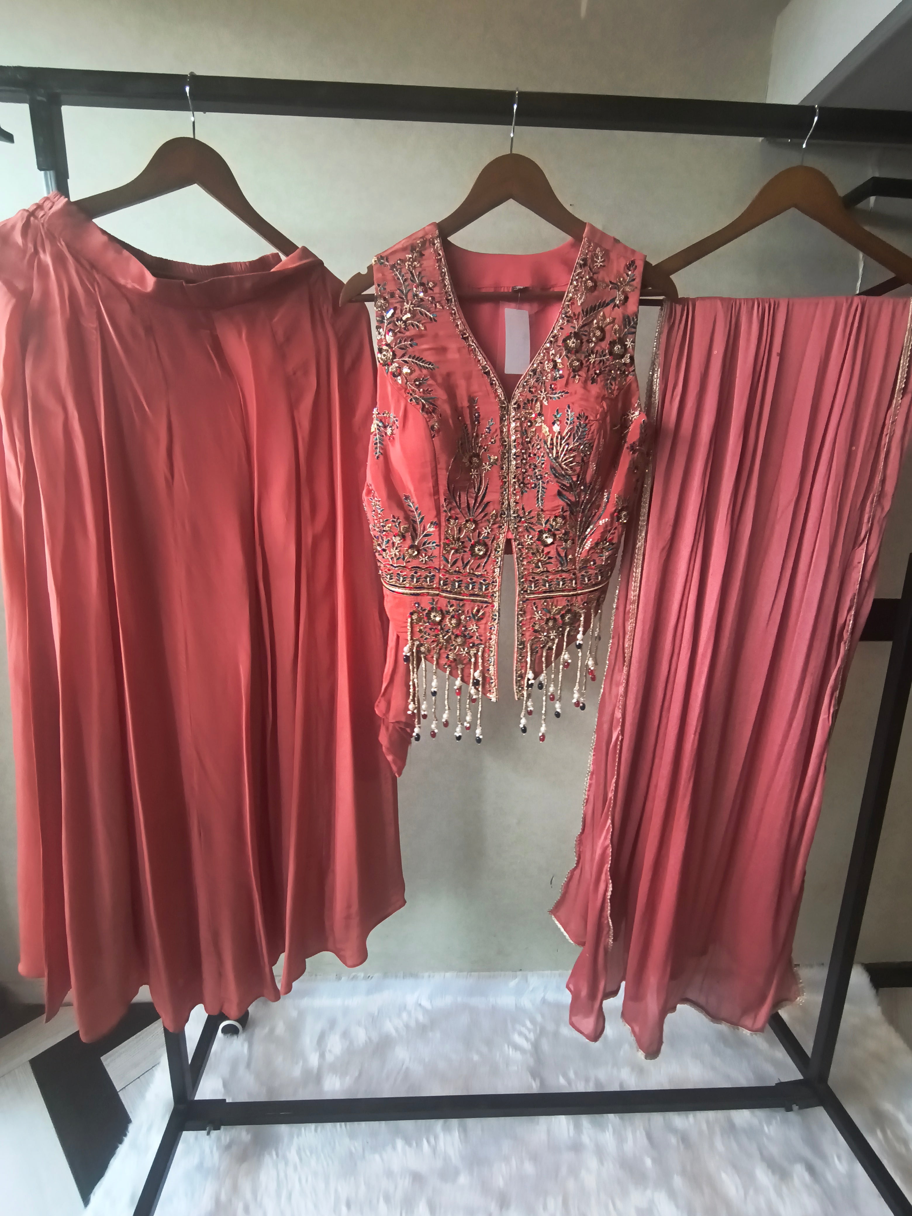 Image of Premium Dusty Rose 3-Piece Designer Lehenga Set with Heavily Embroidered Jacket Blouse & Sequined Dupatta
