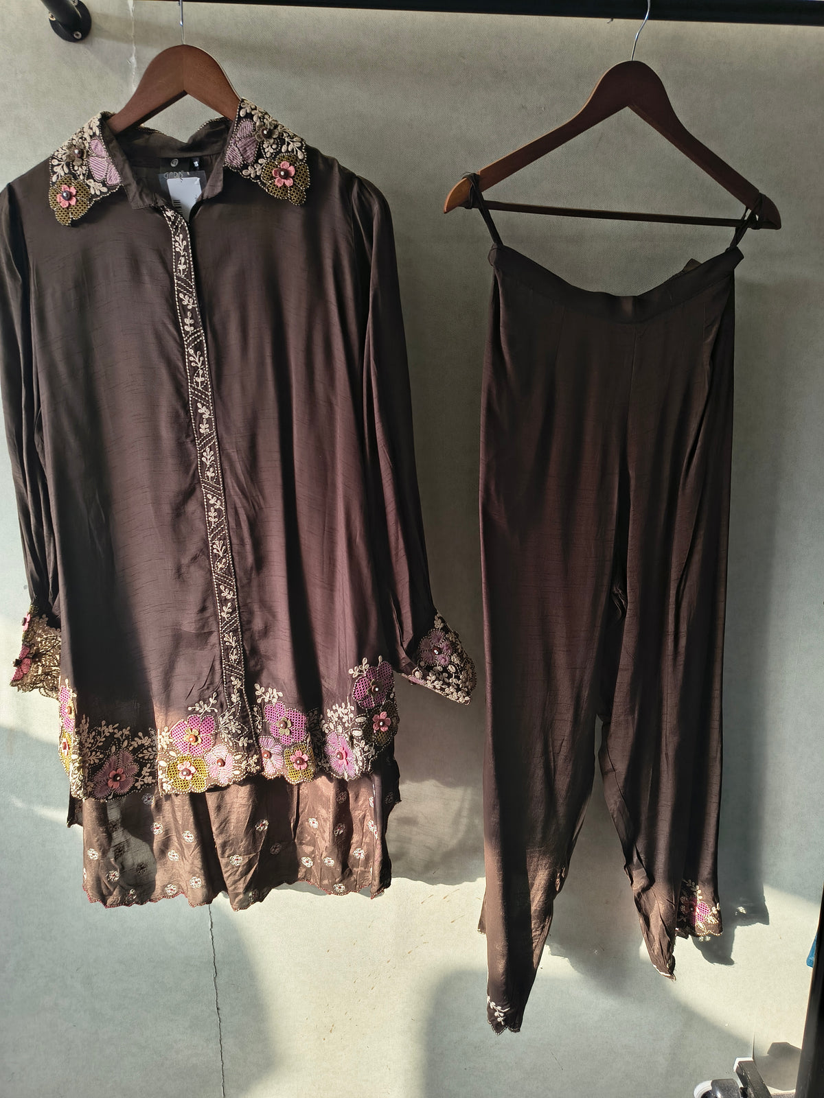 Chocolate Brown Designer Embroidered Co-Ord Set with 3D Floral Appliqué & Organza Hem