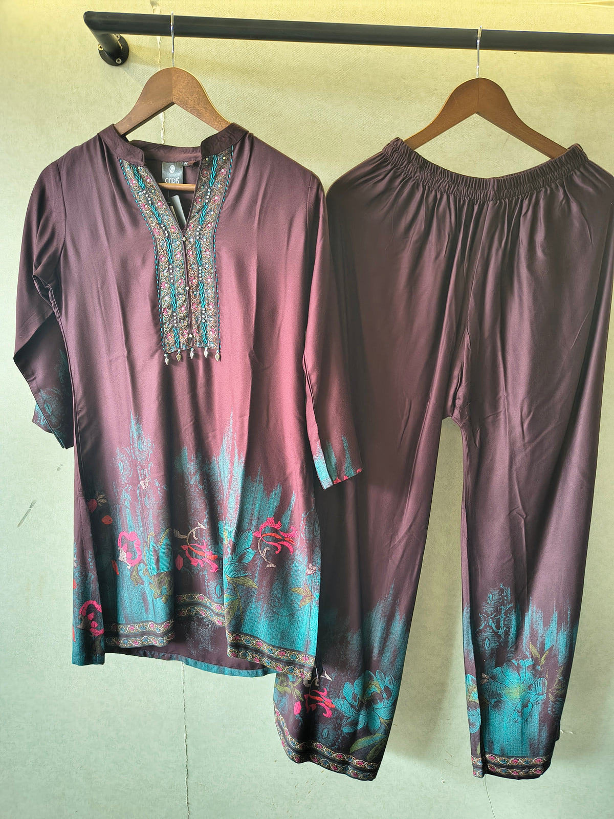 Wine Embellished Premium Silk Co-Ord Set